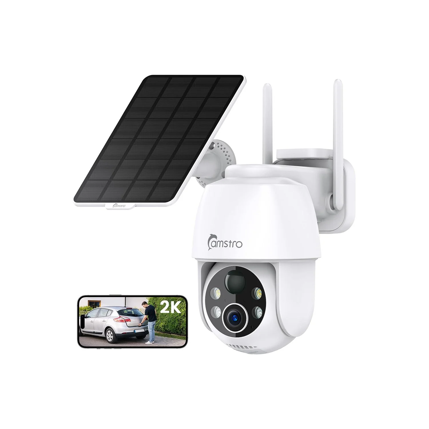 CAMSTRO 2K Solar Security Camera Wireless Outdoor – 360° PTZ, Color Night Vision, Motion Alerts, 2-Way Audio, Solar Powered WiFi Camera with Alexa/Google Assistant, SD Card & Cloud Storage