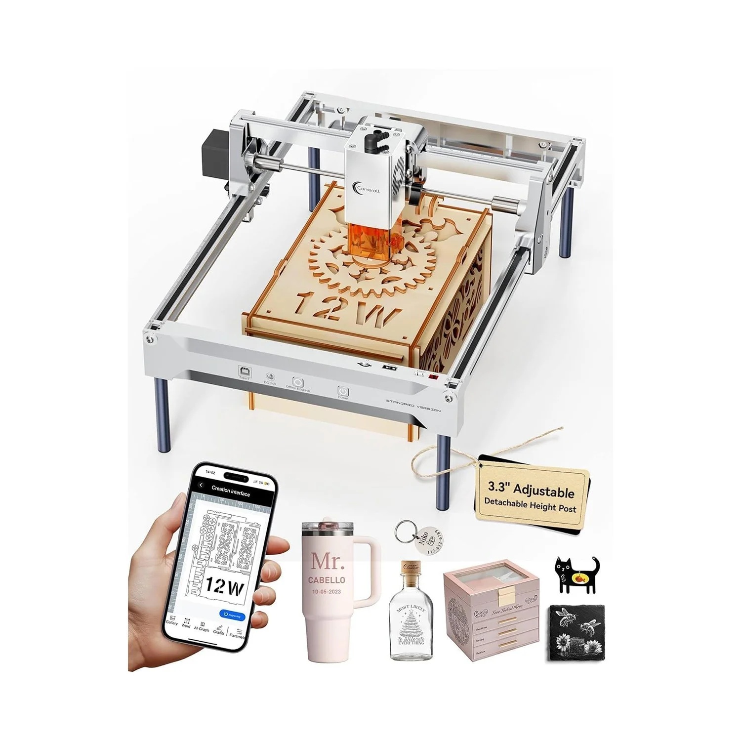 Carverall K15 Pro 12W Laser Engraver & Cutter – Class 1 DIY Engraving Machine for Wood, Metal, Acrylic, Glass & Stone