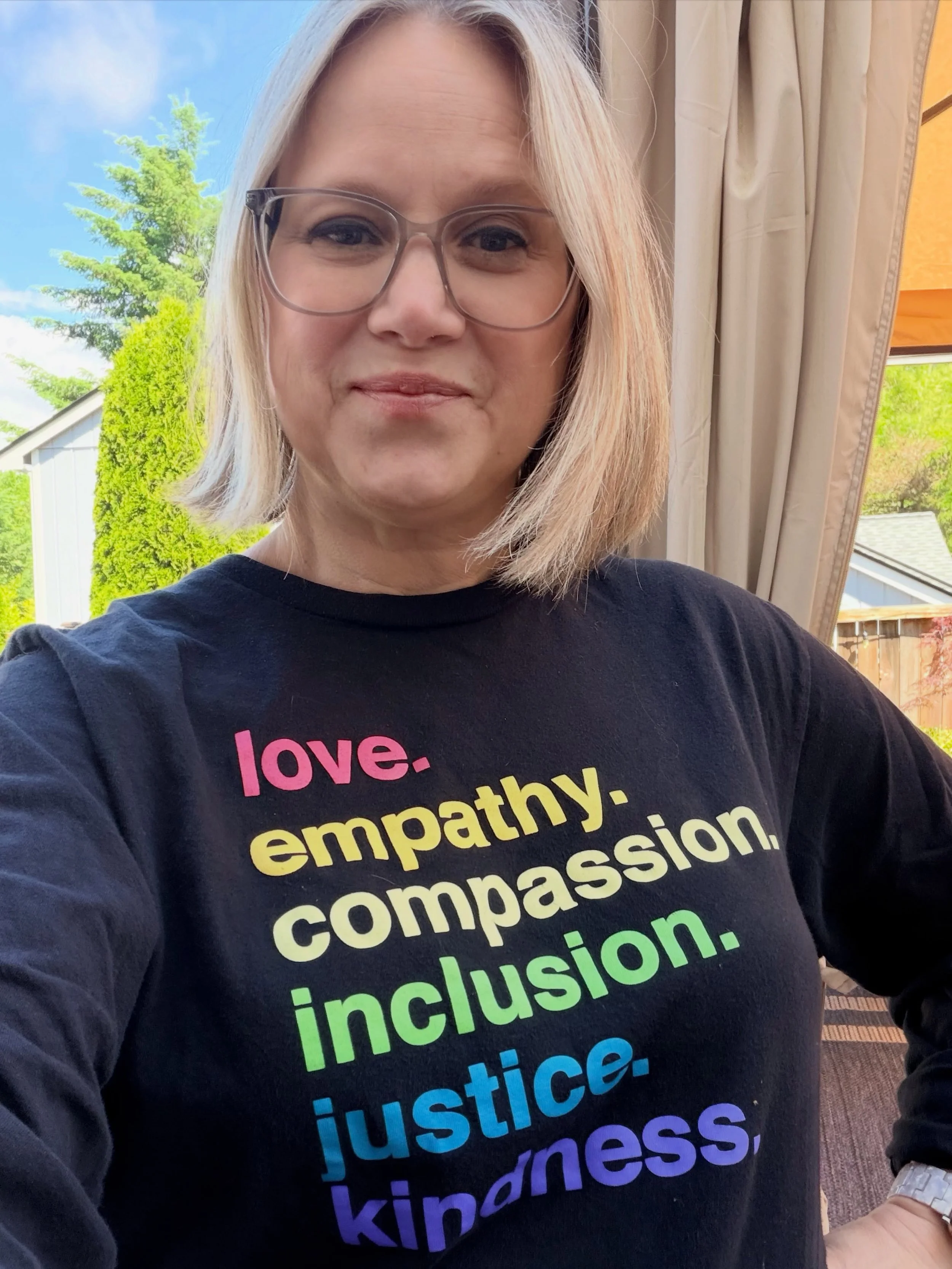 It&rsquo;s pride month and I&rsquo;m here for it! I believe it should not matter who you love or how you identify. 🏳️&zwj;🌈🏳️&zwj;⚧️
.
The words on this shirt: love, empathy, compassion, inclusion, justice, and kindness should be automatic and non