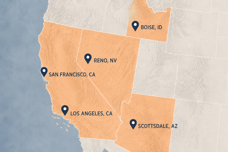 Map showing Western M&A Advisory offices in California, Nevada, and Arizona