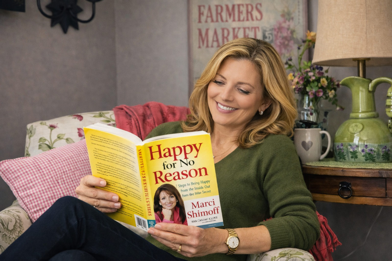 Beth Schindele learned how to be Happy For No Reason and became a Certified Trainer she is reading the book by Marci Shimoff