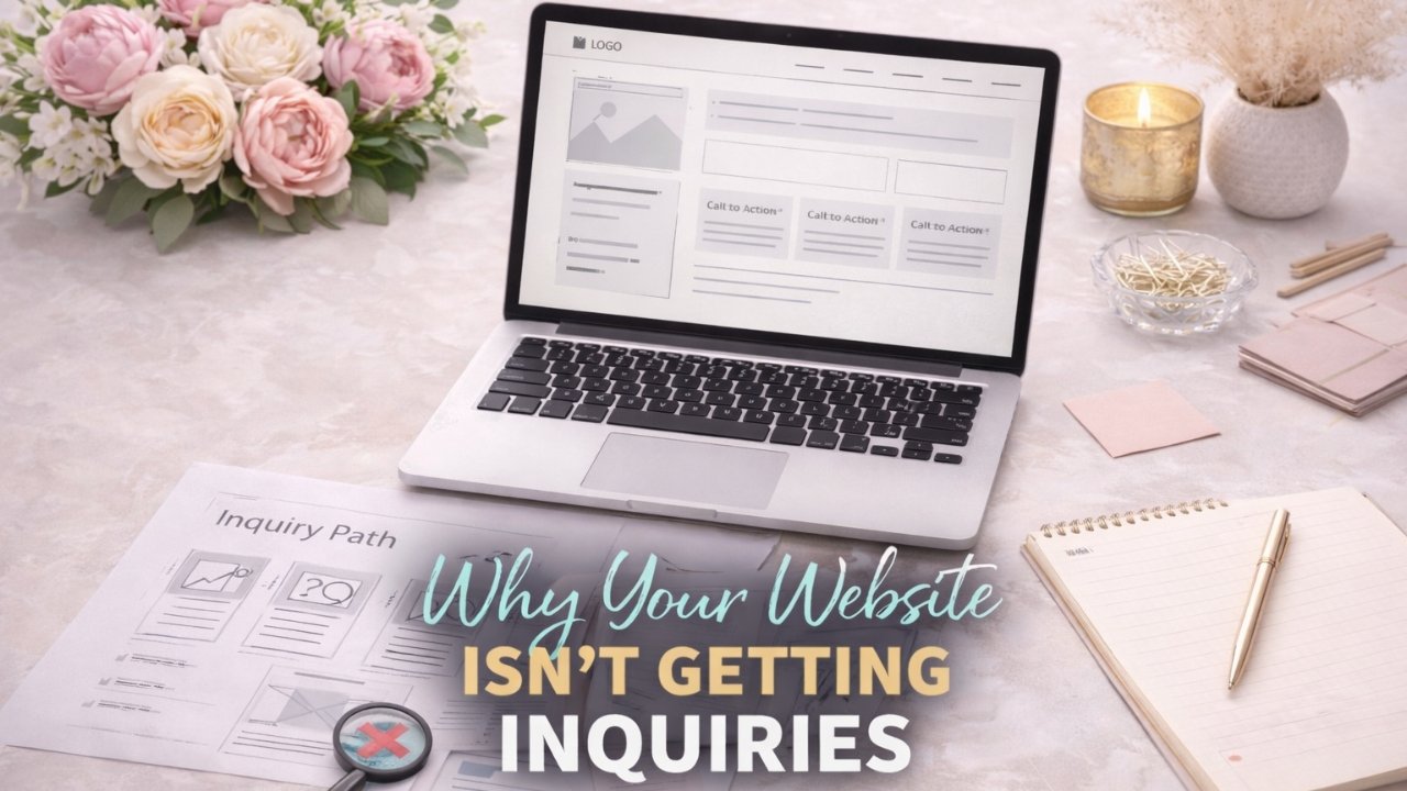 A workspace with a floral arrangement, lit candle, notepad, pen, stack of paper, paper clips, small candles, and a laptop displaying a website layout, with text overlay that reads 'Why Your Website Isn’t Getting Inquiries'.