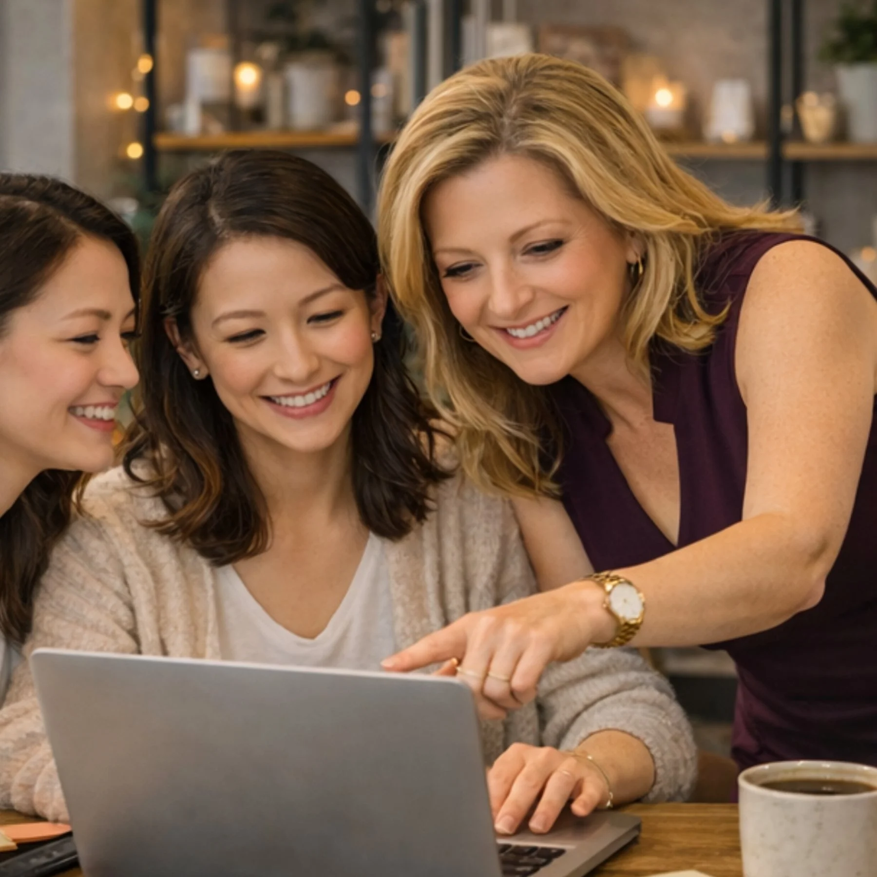 Three women looking at a laptop, smiling, in a cozy indoor setting with shelves and warm lighting in the background.
