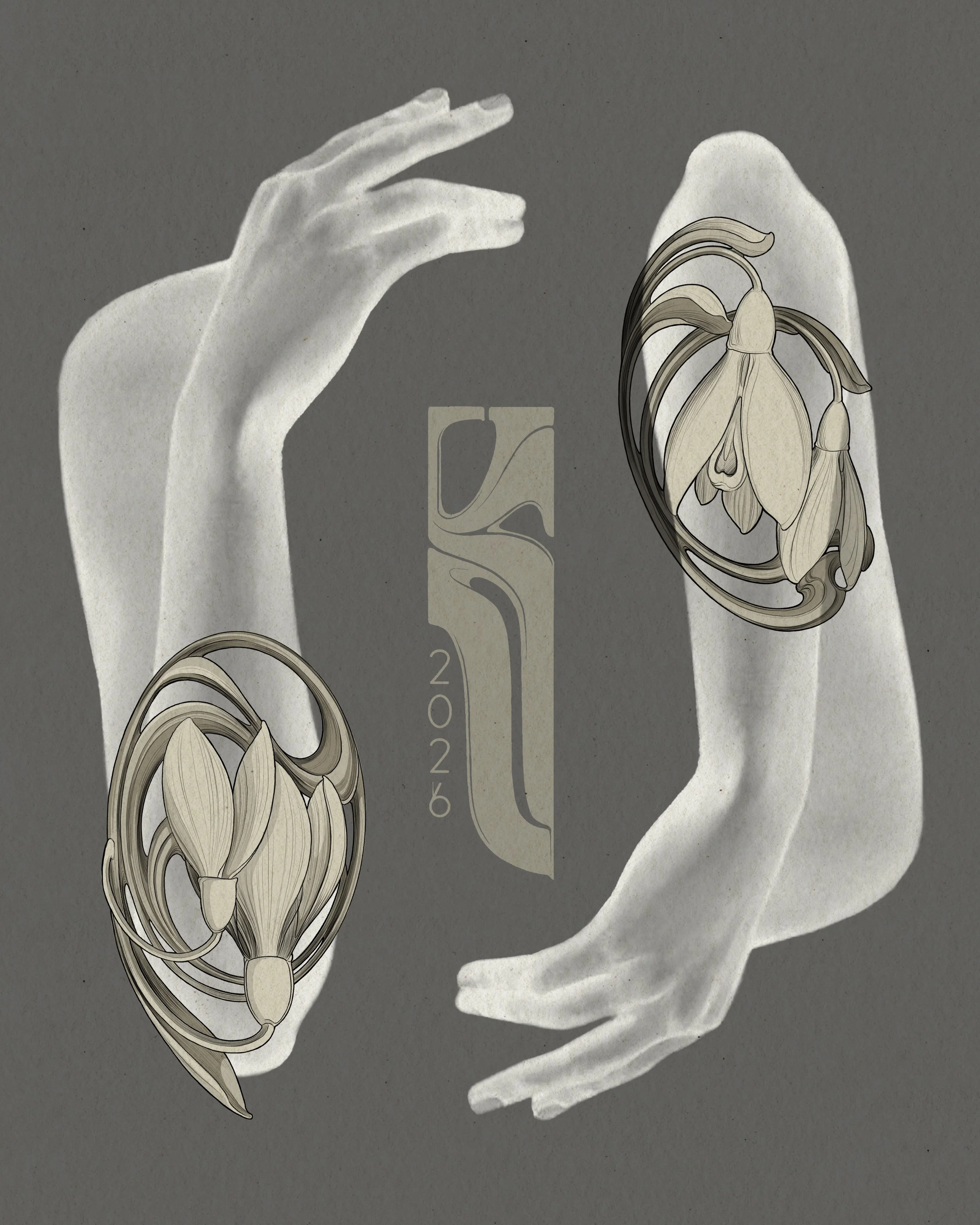 Stylized drawing of two hands with palms facing each other, and illustrations of orchid flowers with the date 2026 in a modern font in the center.