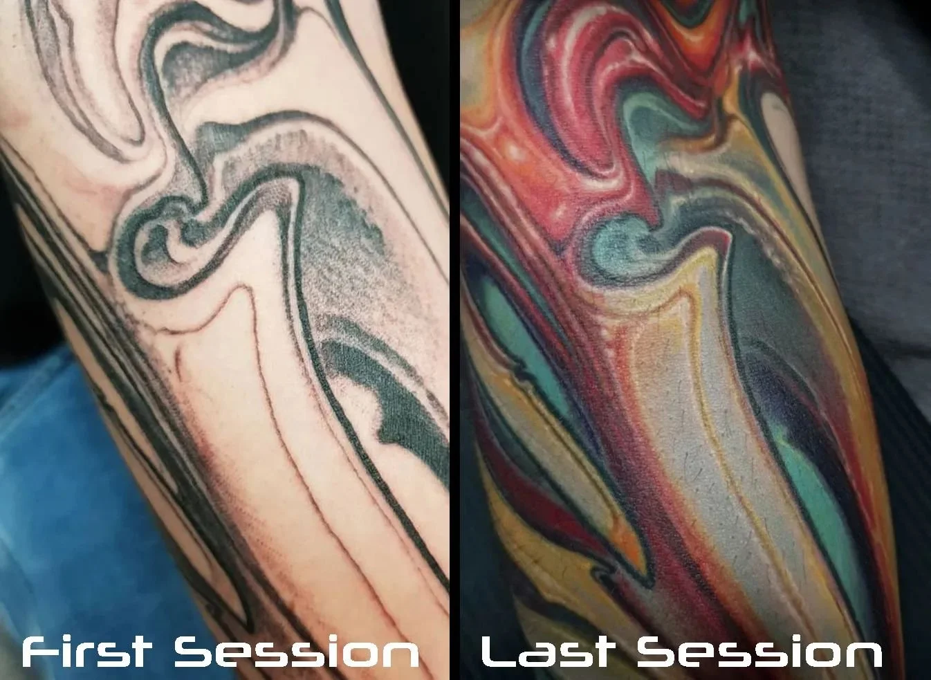 fresh after first session and healed results a year after the last session... i work in layers but it's worth it.