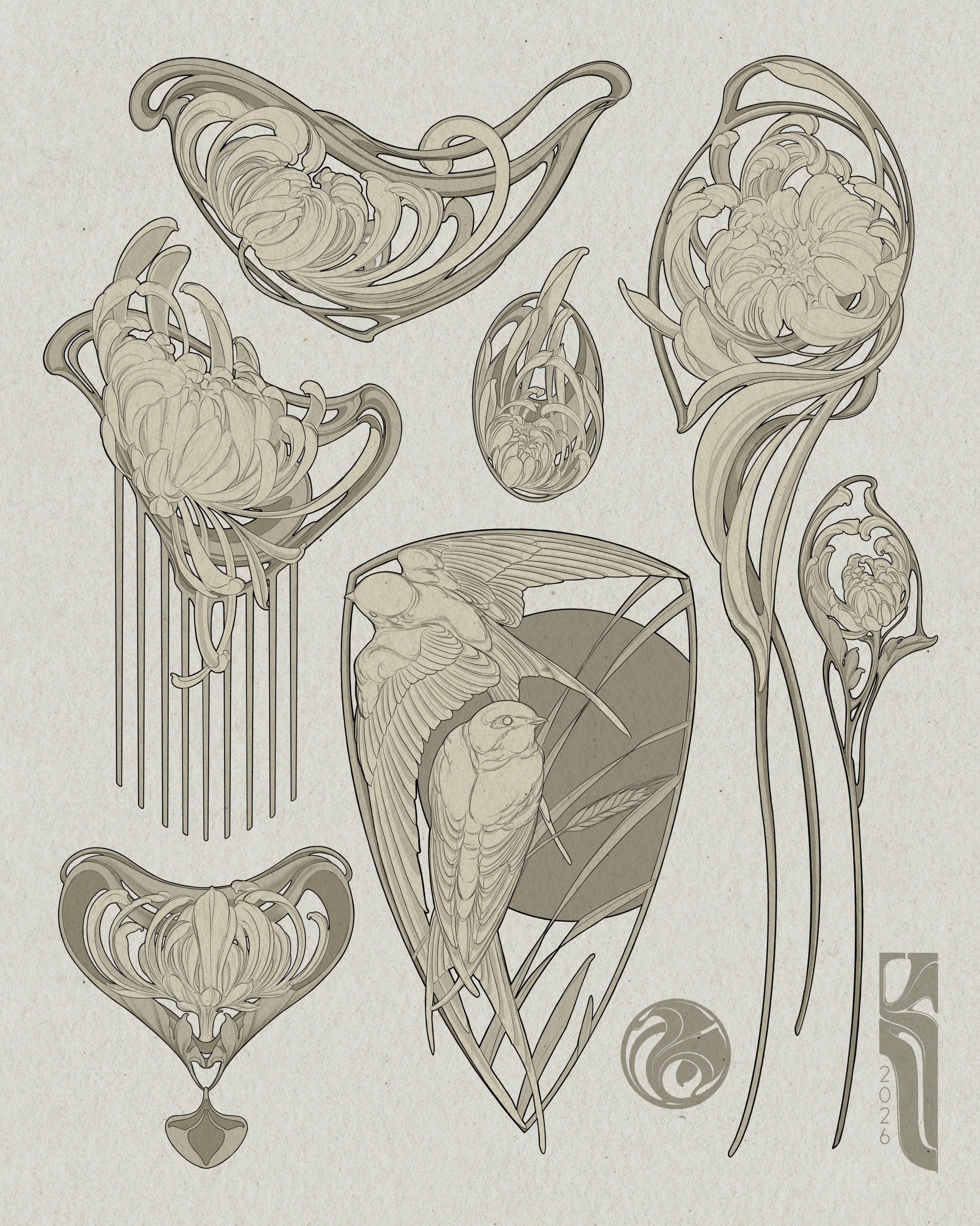 Artistic drawing of various birds and floral designs in a minimalistic style with neutral tones.