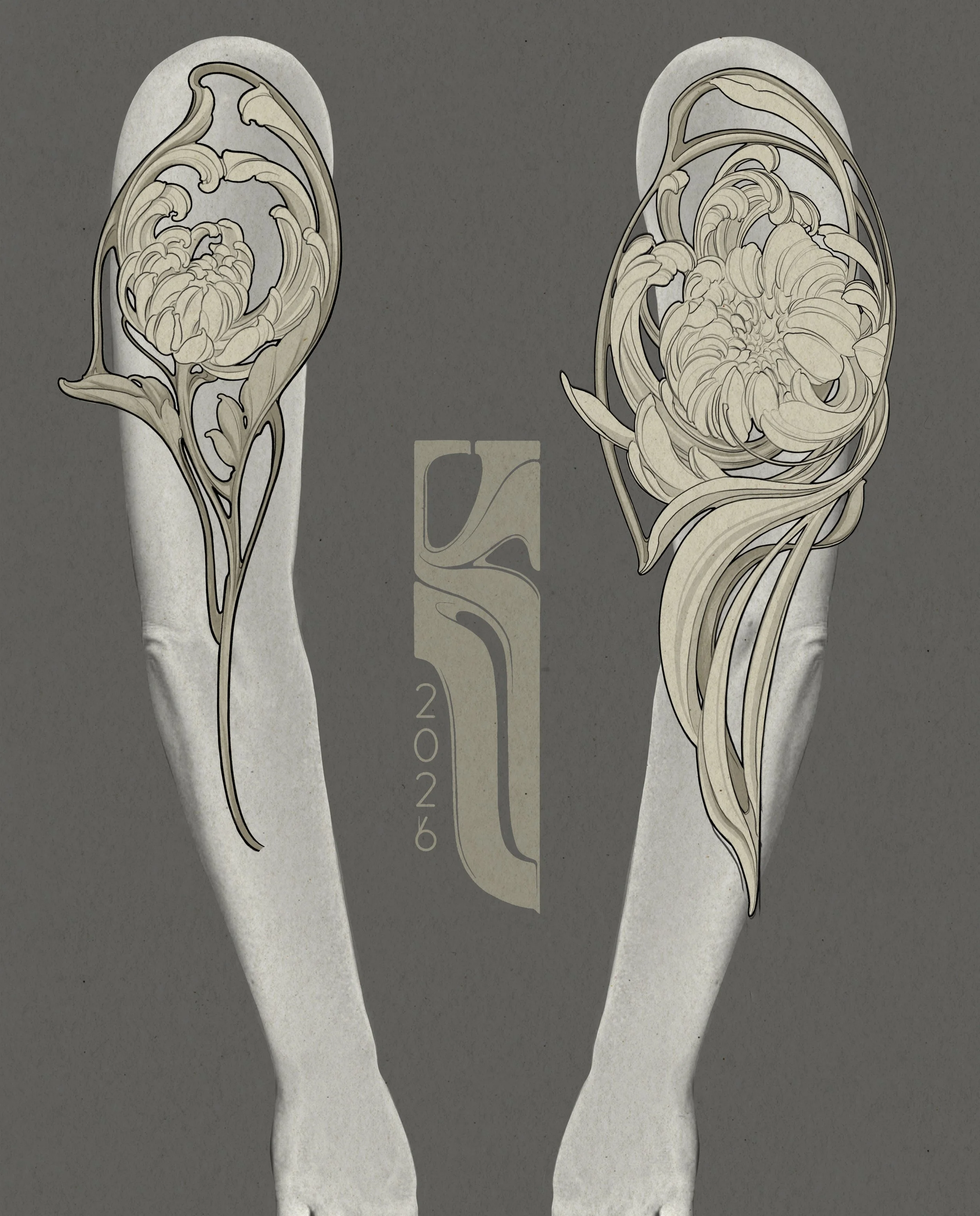 Artistic illustration of a boot with a floral design and botanical elements, with a stylized central emblem and the year 2023.