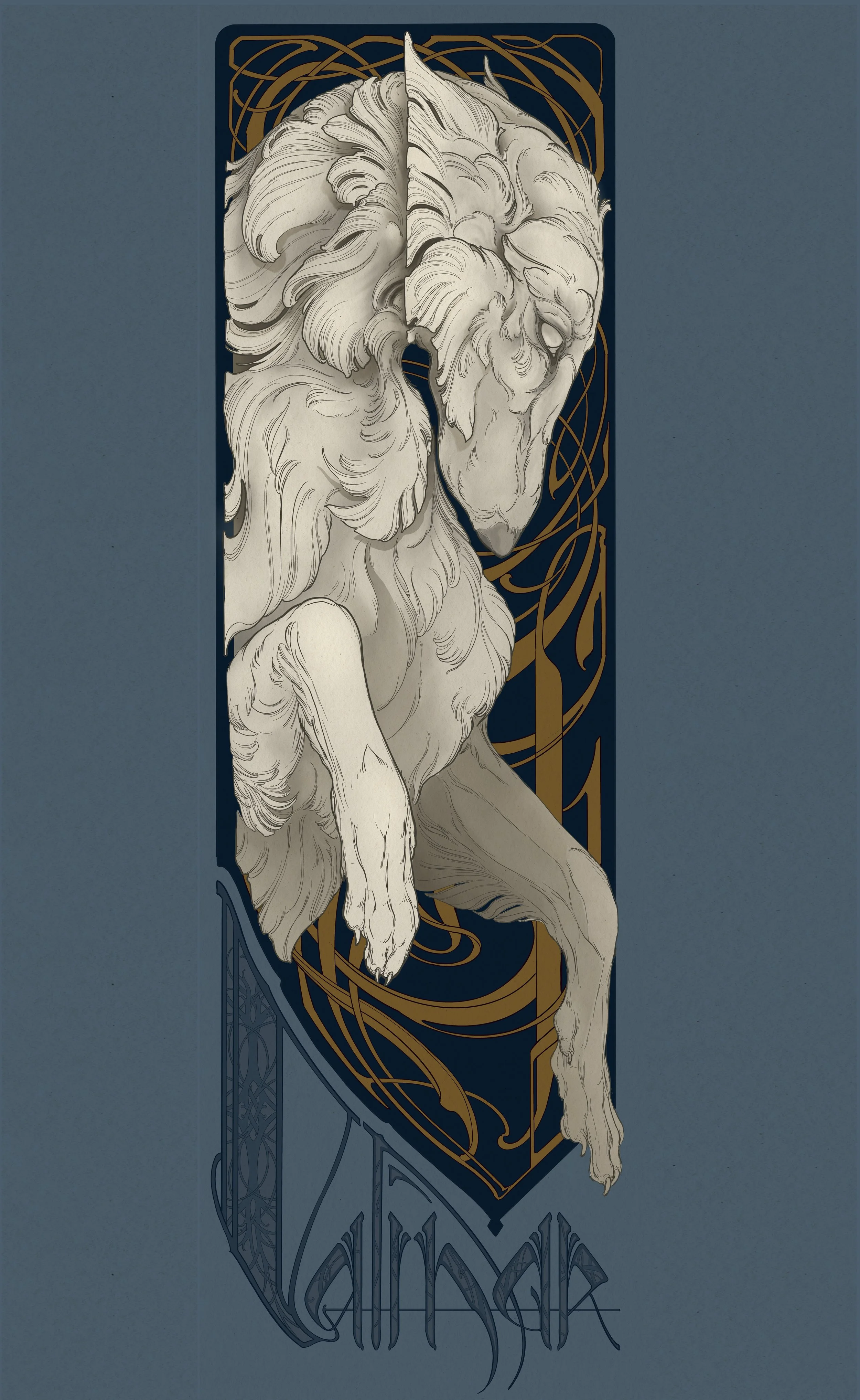 Illustration of a majestic, detailed lion's head and front paw combined into a single design with ornate, decorative background, and gothic lettering at the bottom.