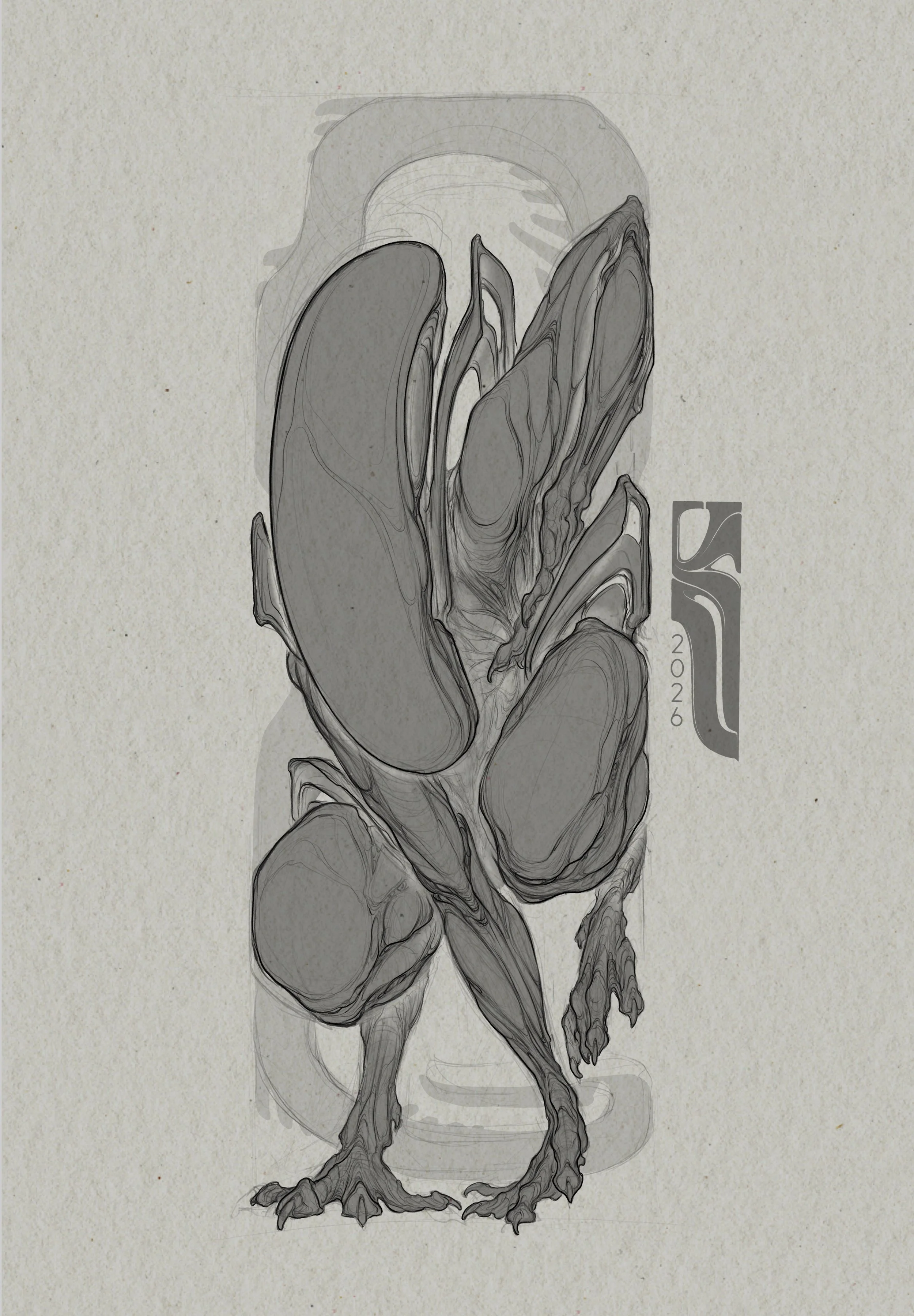 A grayscale illustration of a bird, with abstract, swirling patterns and fossil-like textures, featuring a logo with the text '2026' on the side.