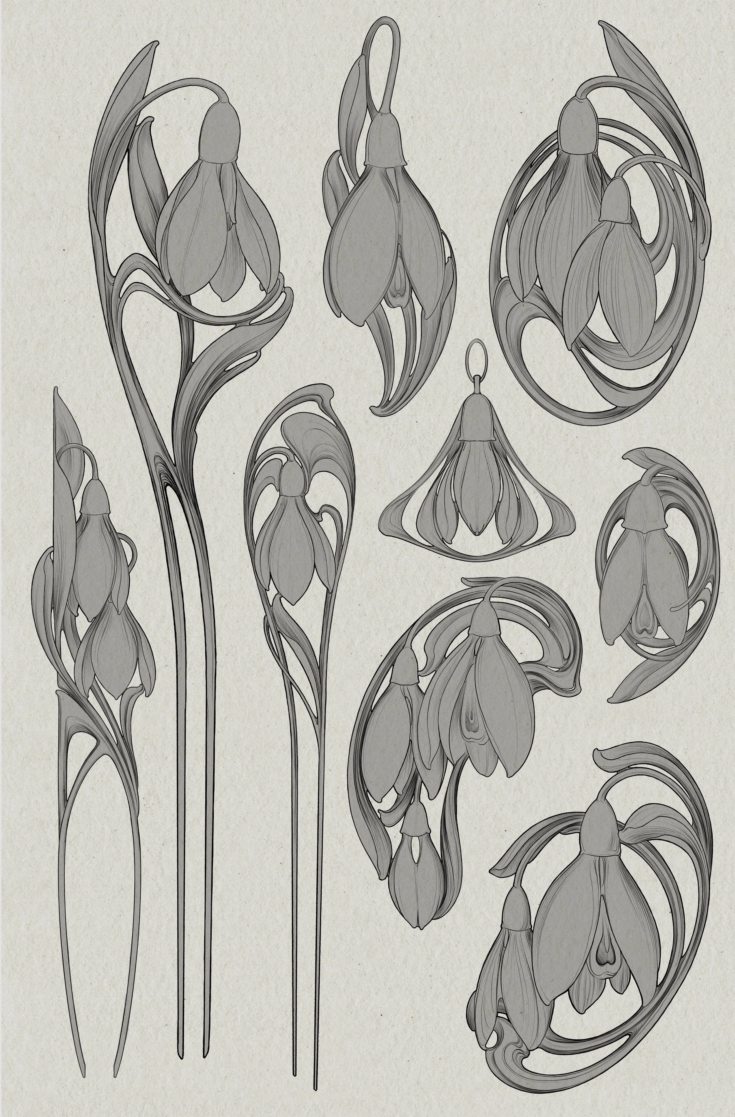 Black and white drawing of multiple fuchsia flowers with elongated stems, detailed petals, and hanging blossoms, arranged in various orientations.