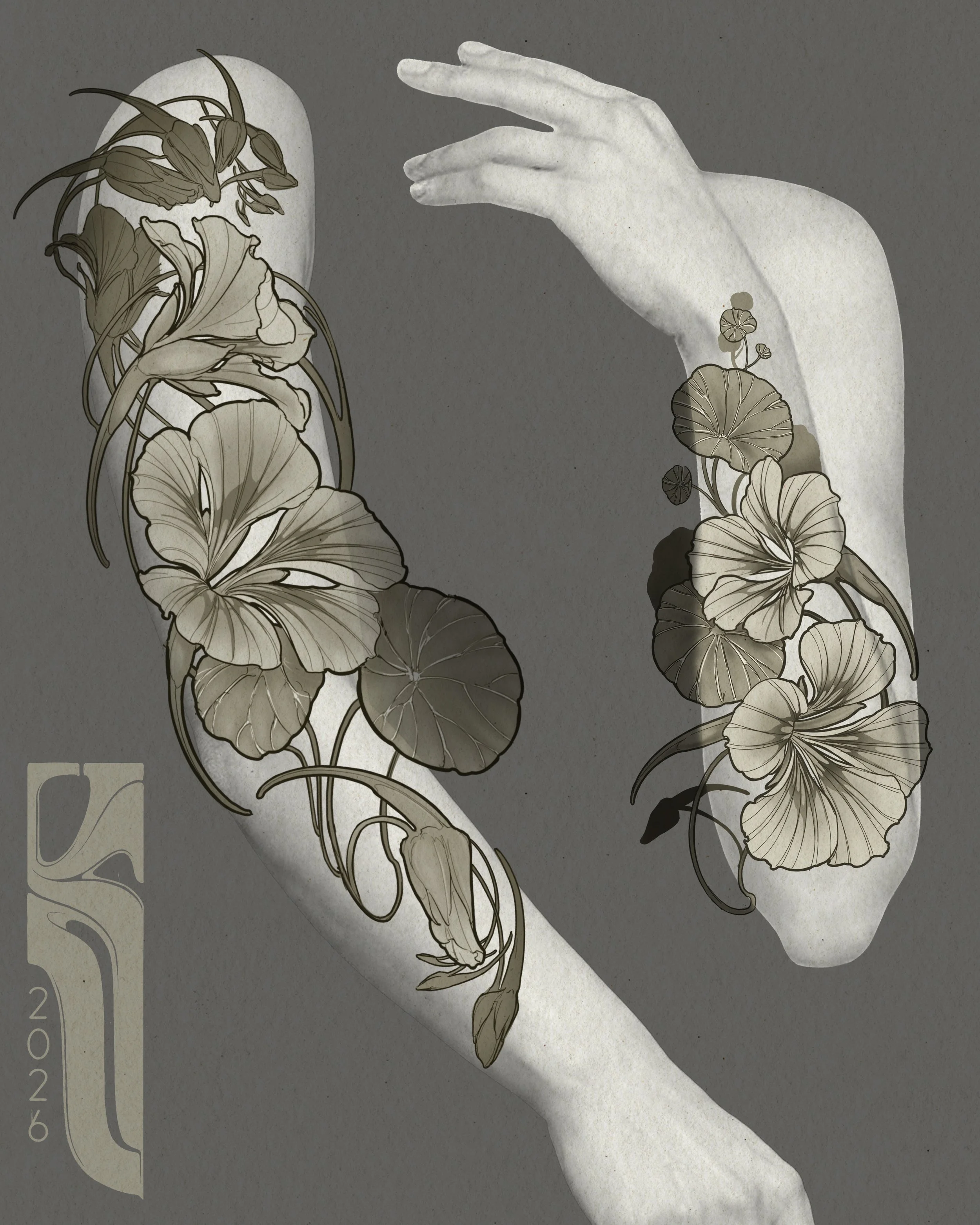 A digital illustration of two arms without hands, intertwined with floral patterns and leaves, on a gray background. The left arm has a design with large leaves and flowers, and the right arm features similar floral patterns. There is text in the low
