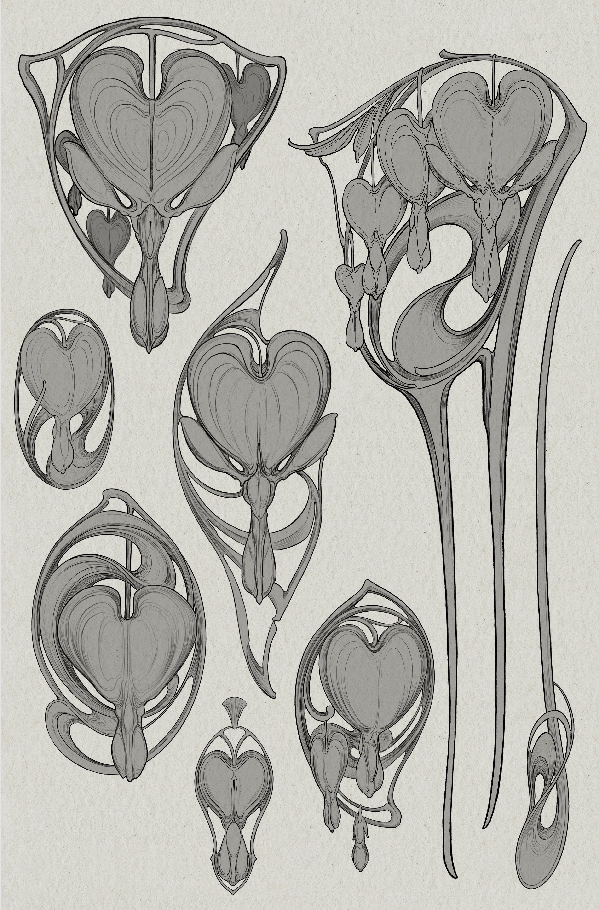 Artwork featuring multiple abstract, stylized hearts and faces with a flowing, swirling design in shades of gray.