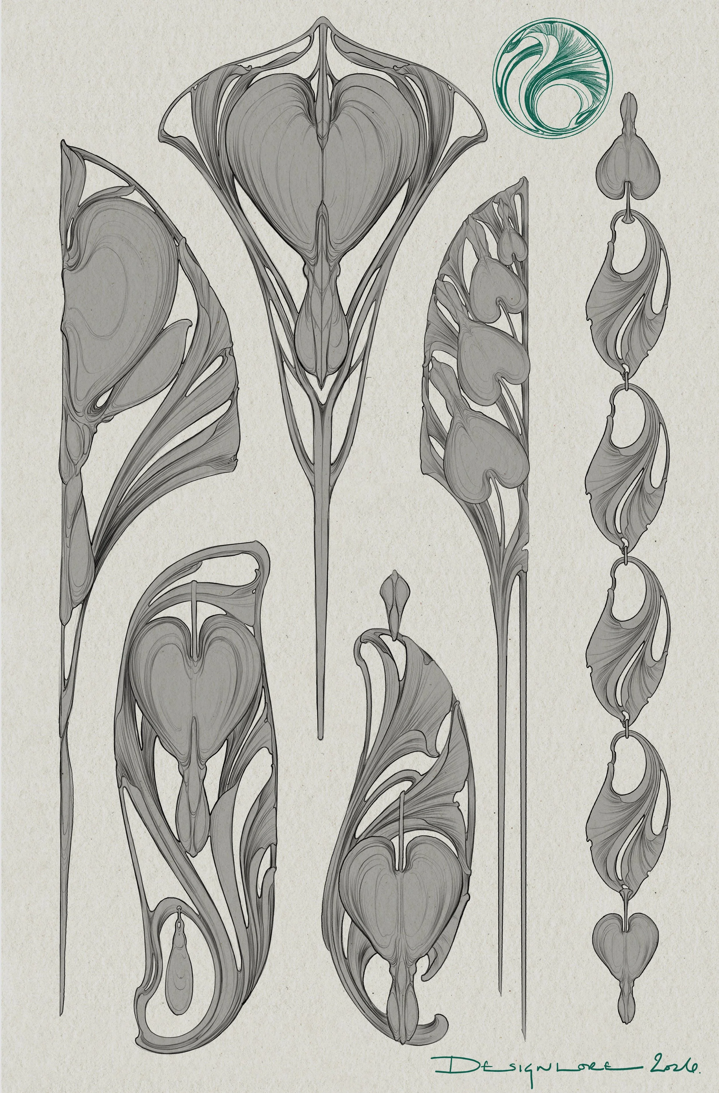 Artistic illustration of various stylized leaves and hearts in gray shades, with a small circular green emblem in the top right corner and a signature in the bottom right corner reading "Design Love 2016."