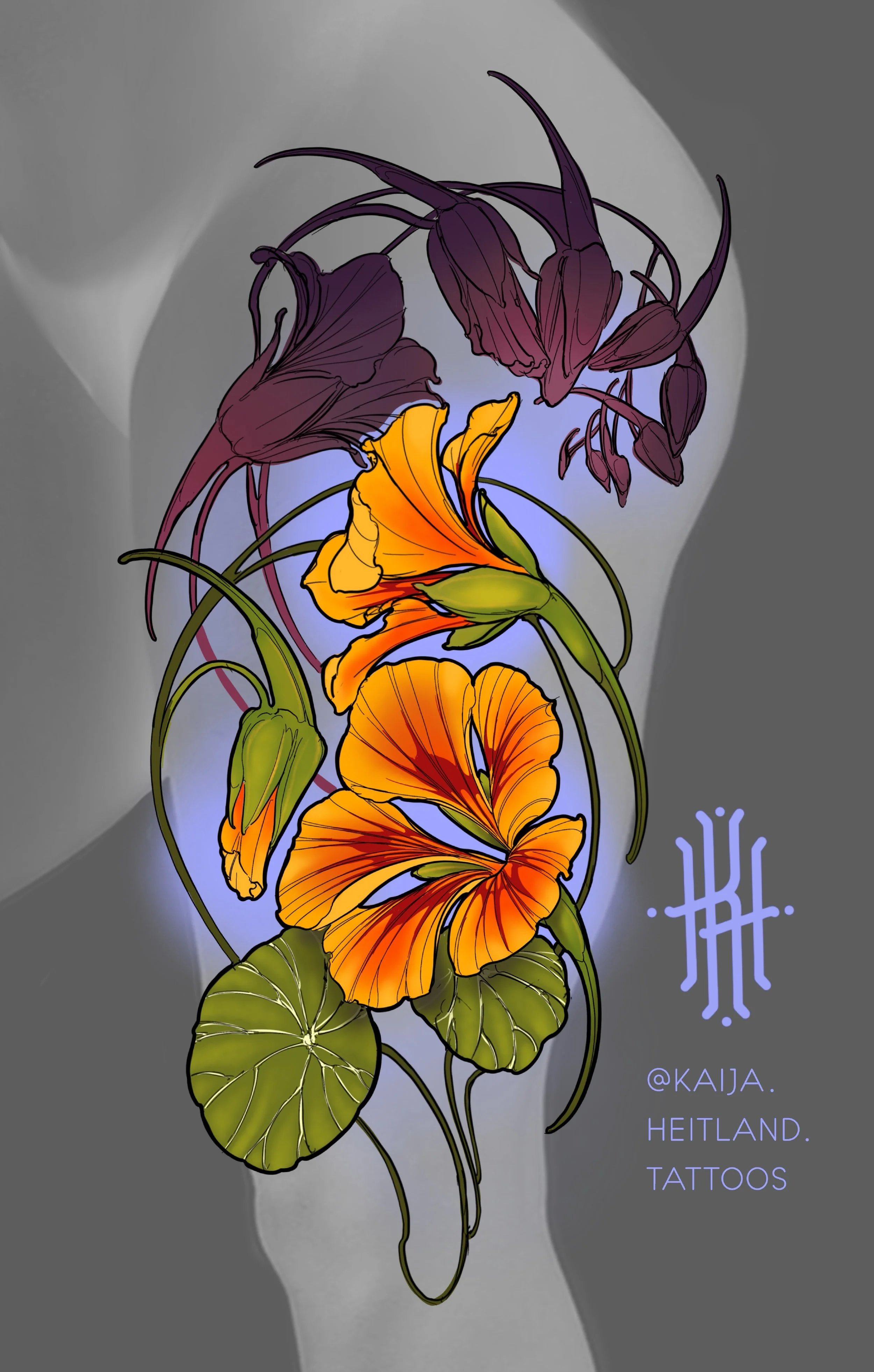 Digital tattoo design featuring orange and purple flowers with green leaves and stems, and a purple abstract symbol with text '@KAJA. HEITLAND. TATTOOS' on a gray background.