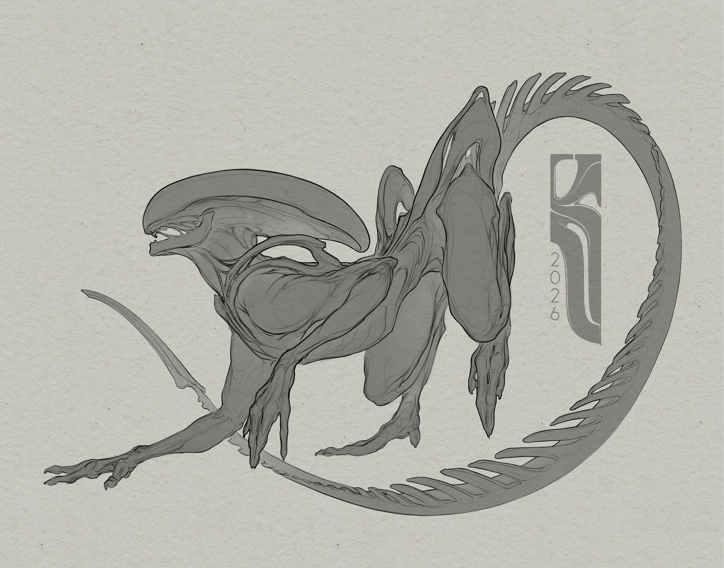A detailed illustration of a science fiction creature resembling a dragon or dinosaur, in grayscale, with an elongated body, large head, sharp teeth, and a long tail. Behind it, there's a stylized emblem with the year '2026' on it.