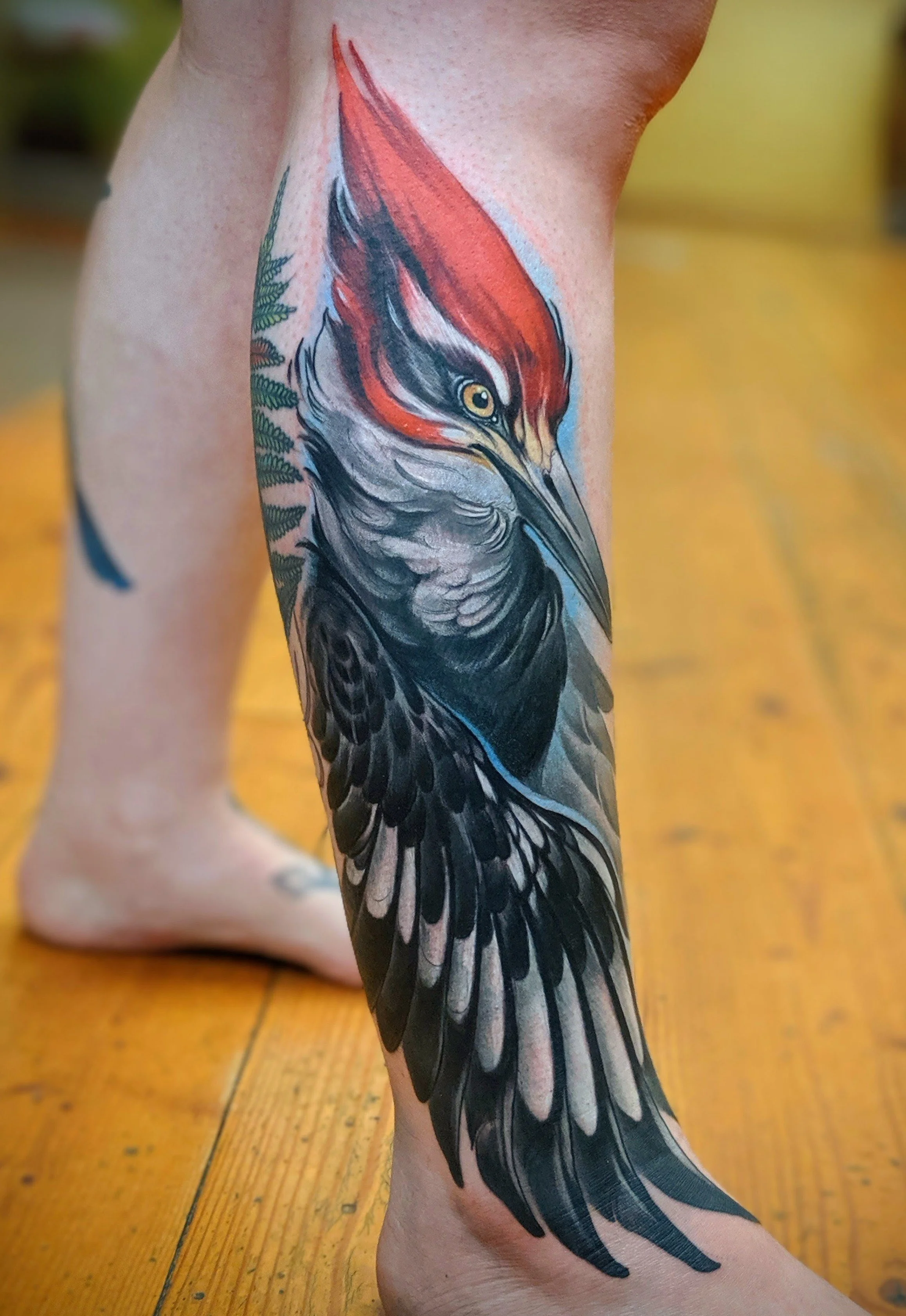 Colorful tattoo of a woodpecker bird on a person's leg, featuring detailed feathers and a vibrant red head.