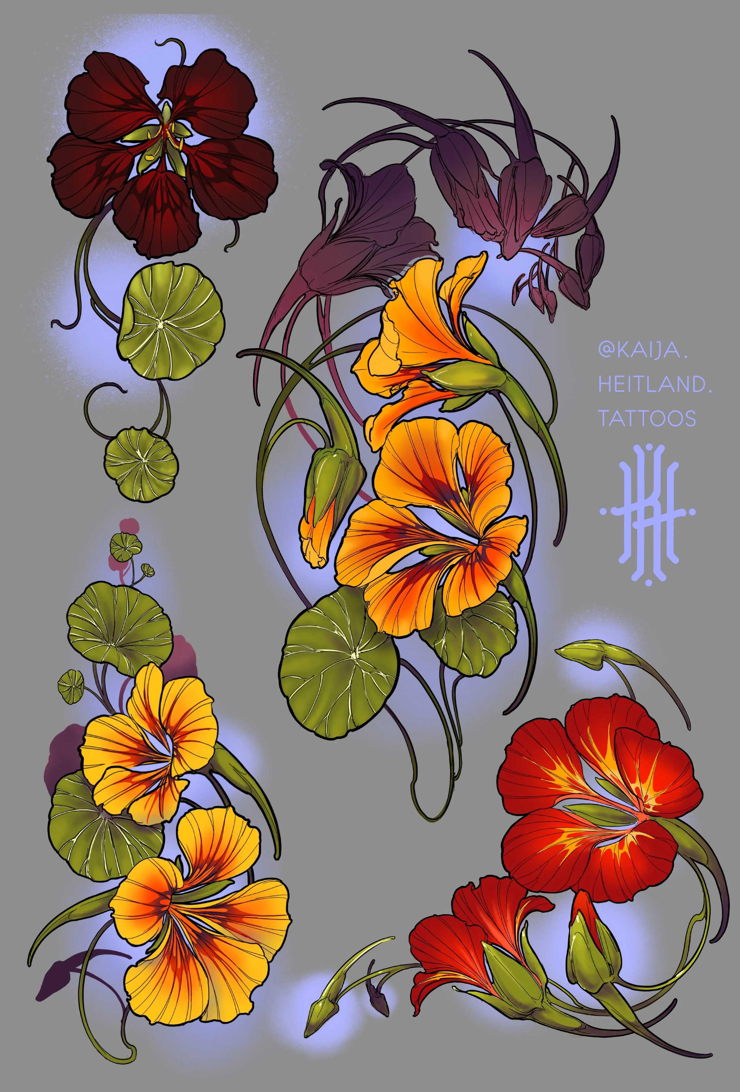 Digital illustration of colorful morning glories in shades of red, orange, yellow, and purple with green leaves and tendrils on a grey background. Text reads '@KAIJA. HEITLAND. TATTOOS' with a stylized logo.