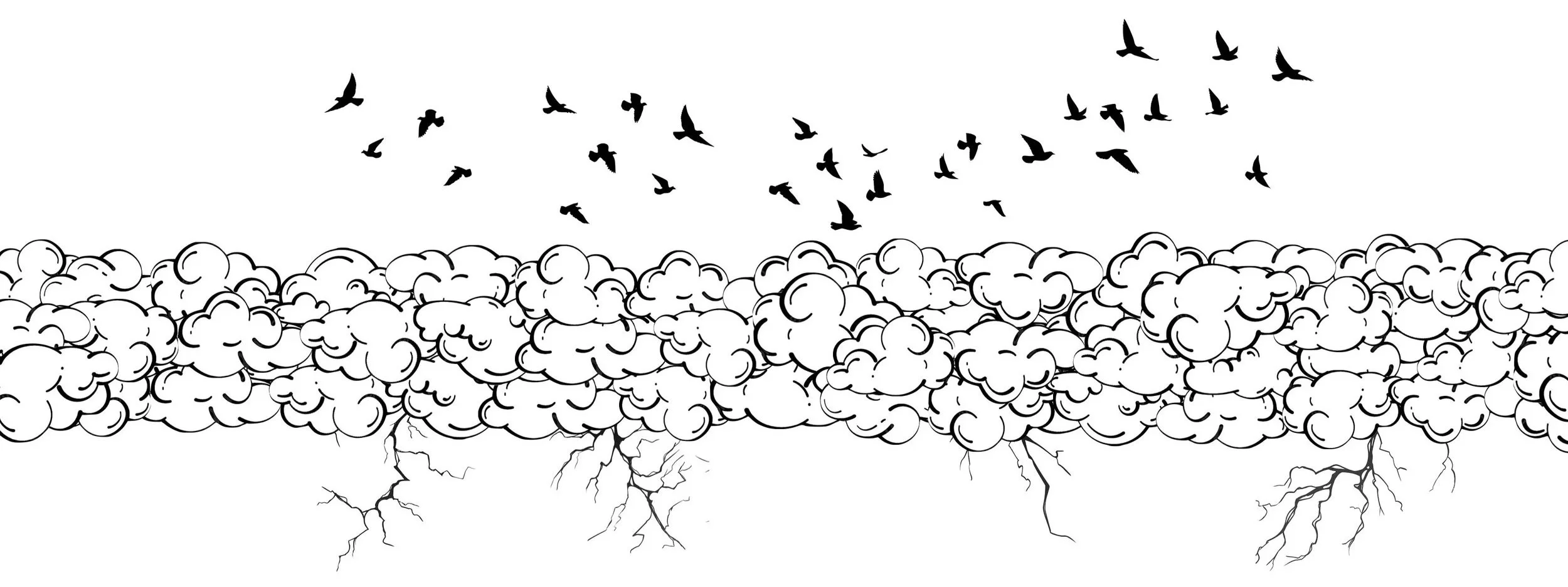 Triple layer of clouds with strikes of lightning and birds flying overhead