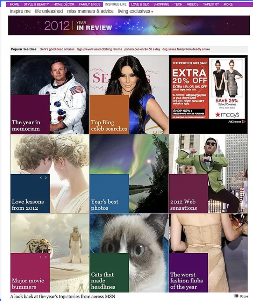 I took on the responsibility of managing the MSN Year in Review – though it's no longer live on the site, it was quite the feat, requiring a ton of cross-org collaboration, editorial calendaring, and CMS work.
