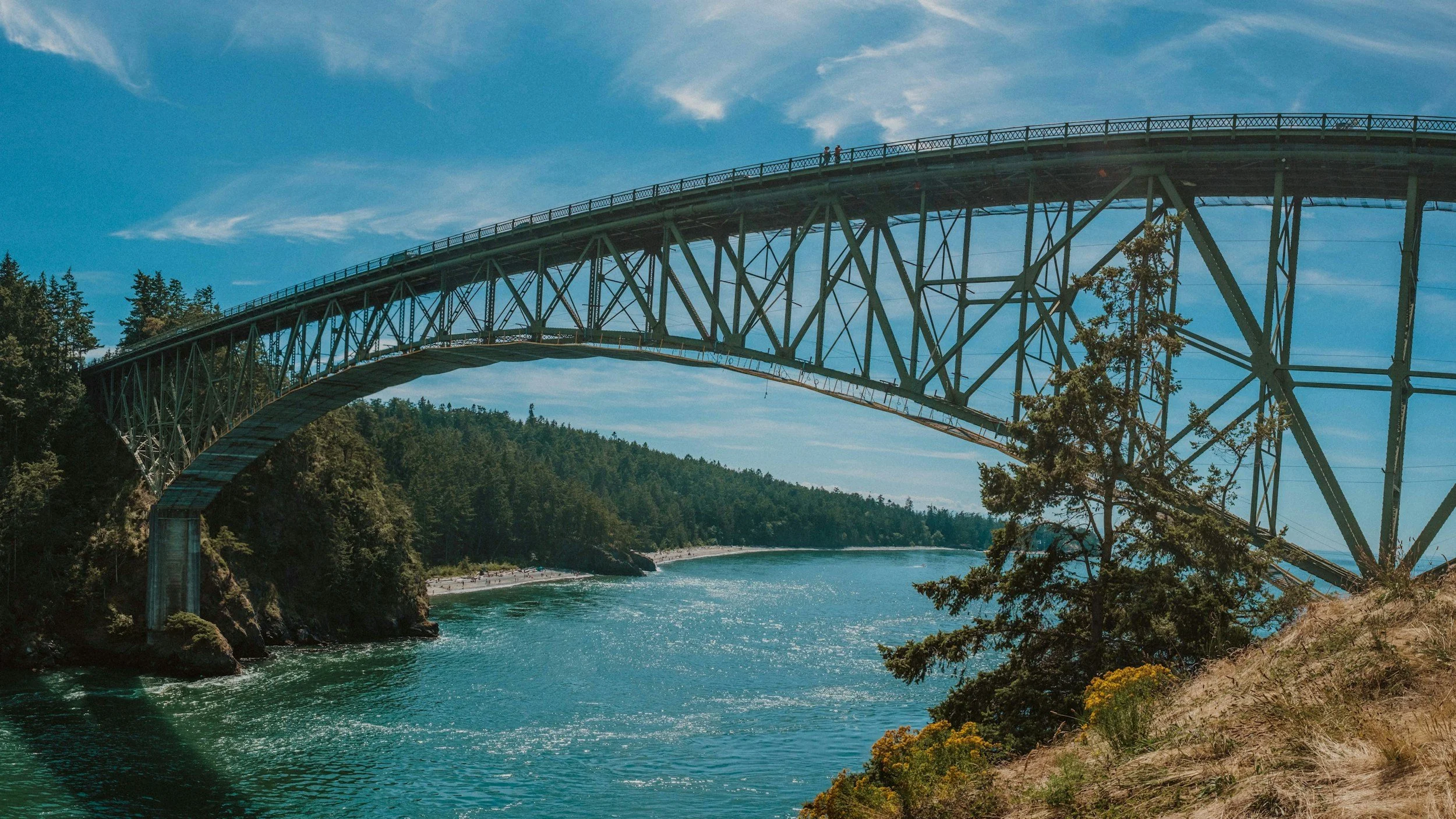 A large steel arch bridge over a body of water with a forested landscape in the background, under a blue sky with a few clouds.