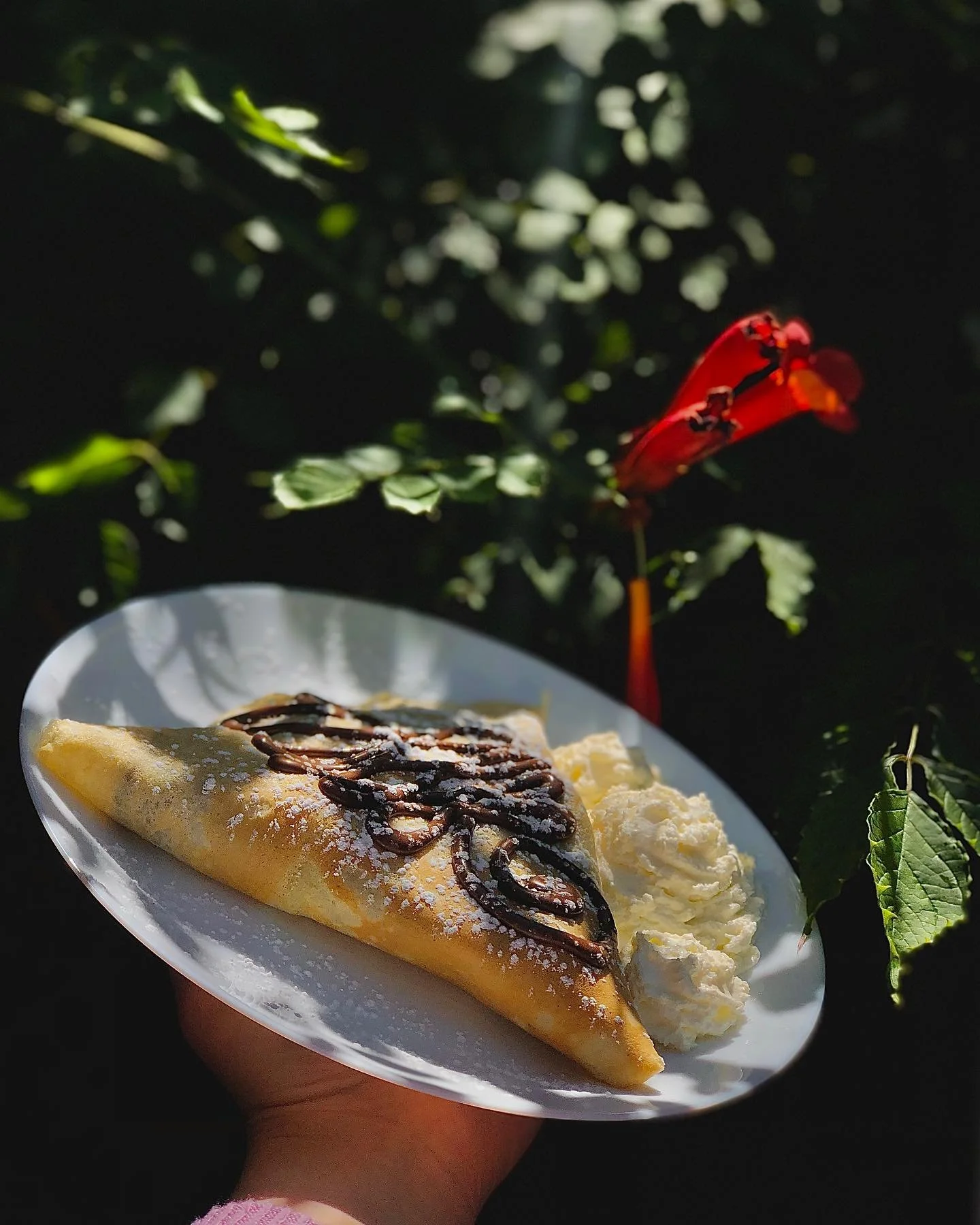 What could be better than a crepe under the trumpet vines? Our patio greenery is fully bloomed, so make sure you experience it at its peak!