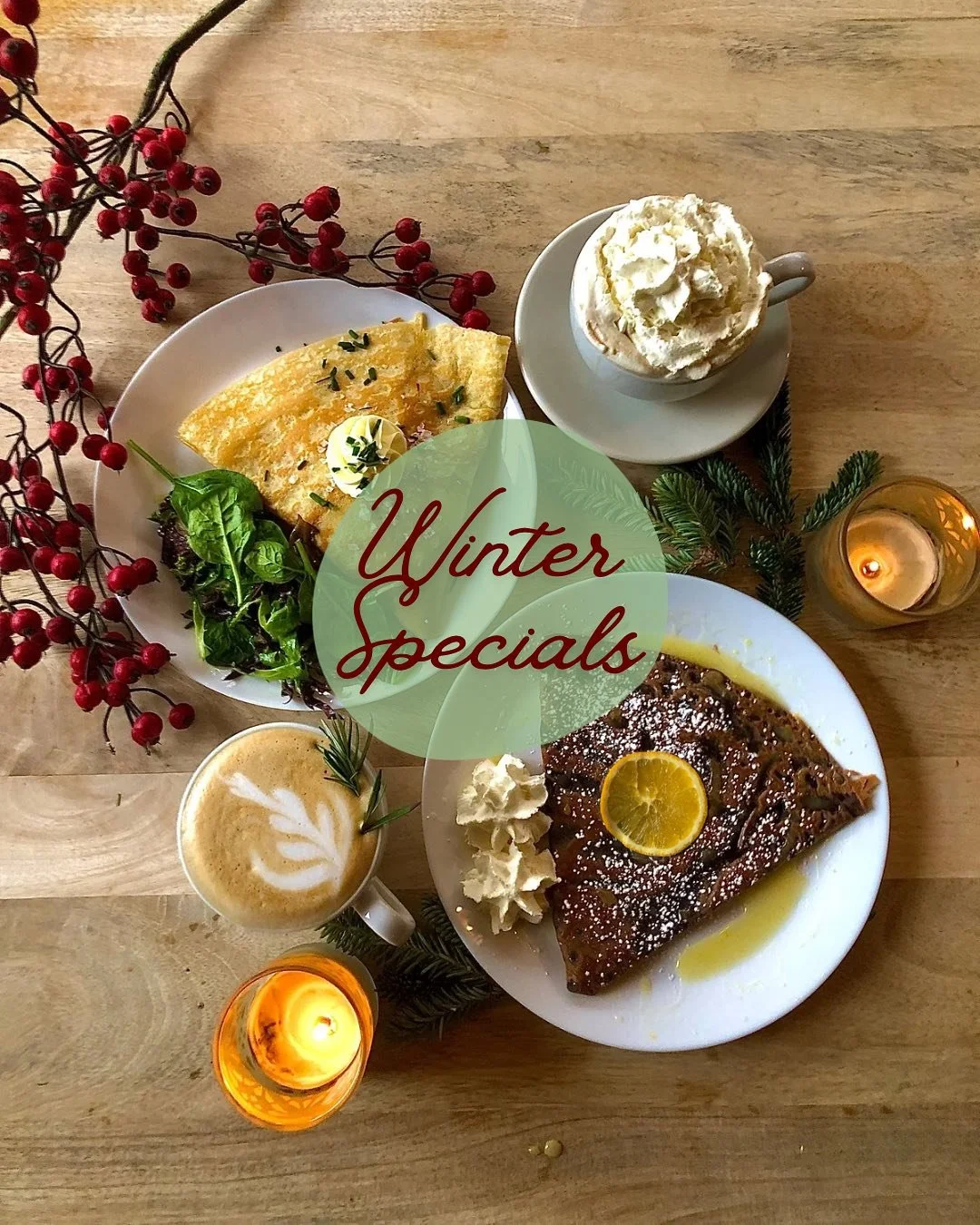Winter is coming!

Okay, it might already be here, but so are these delicious winter specials! From December to February, enjoy a new set of dreamy flavors

Crepes:
Alpine Rustic | Caramelized mushrooms and onions, with gruy&egrave;re, brie, flaky se