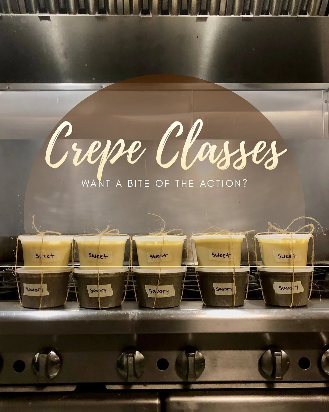 Take a crepe class with us!

Did you know we offer private classes for small groups? Grab your friends, family, bachelorette party, or anyone ya like, and spend an evening with us! During our crepe classes, you&rsquo;ll mix your own sweet and traditi