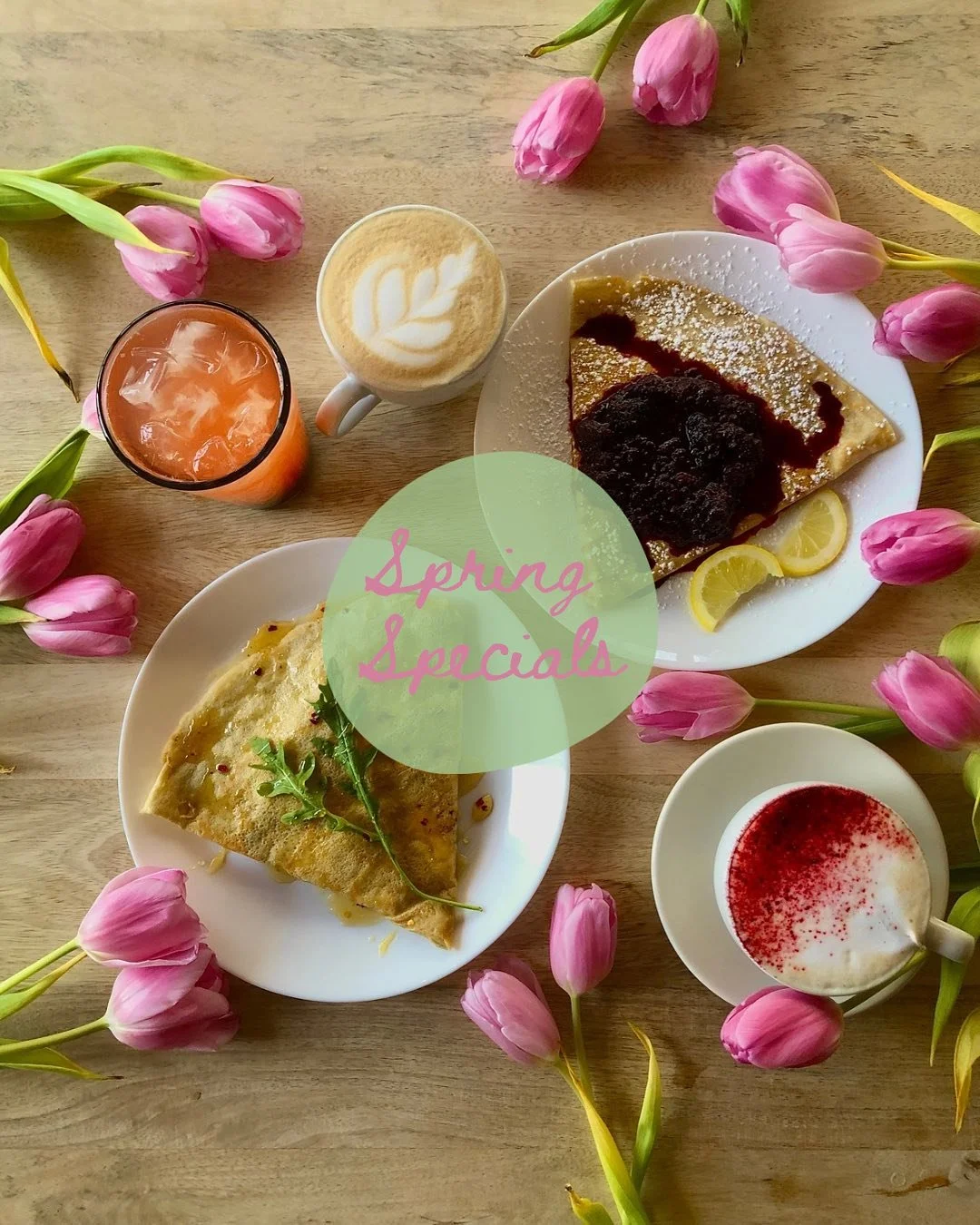 Spring has sprung!

Starting March 1st, our new specials are here to boot! Check out what&rsquo;s coming up:

Crepes
Whipped Dreams Crepe | A savory crepe with whipped feta, prosciutto, hot honey, and arugula
Blackberry Lemon Crepe | A sweet crepe wi