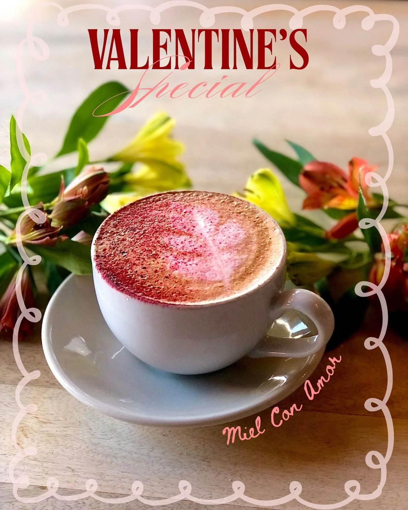 💖Feel the love at the windmill💖

From today until the end of February, our star v-day special will be with us. The Miel Con Amor is a honey and cinnamon latte with rose syrup, and topped with a sprinkle of beet powder for color. Love has never tast