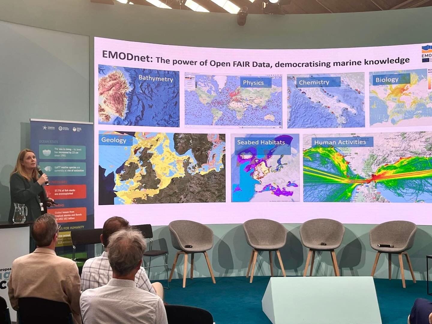 Kate Larkin von EMODnet bei der heutigen Pr&auml;sentation &uuml;ber Ocean Data Sharing in La Baleine auf der UNOC3 in Nizza. Zusammen mit EMODnet und SSI hat die Deutsche Meeresstiftung eine Citizen Science Initiative gestartet damit die von Wassers