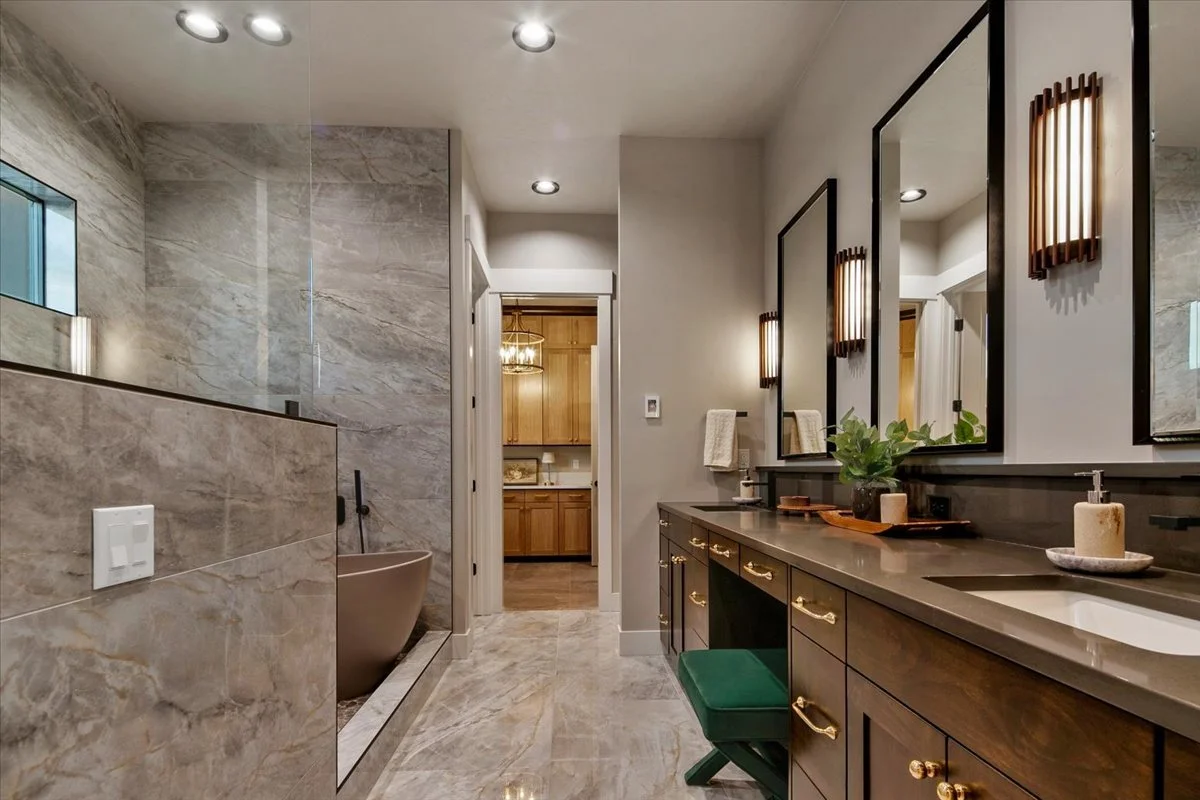 Primary Bathroom with Freestanding Tub - Valnova Custom Home Eagle Idaho