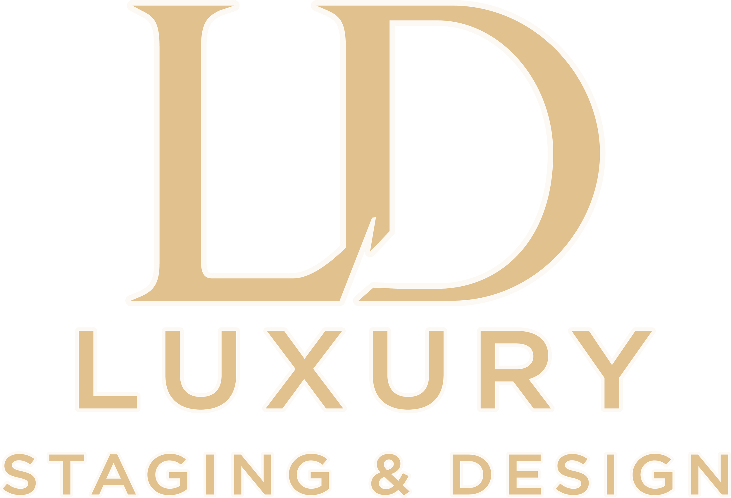 Logo for LD Luxury Staging & Design with large gold letters 'LD' and the words 'LUXURY' and 'STAGING & DESIGN' underneath in gold and white.