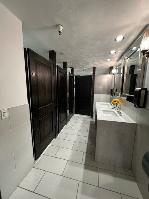  Modern bathroom with contrasting traditional style stall doors 