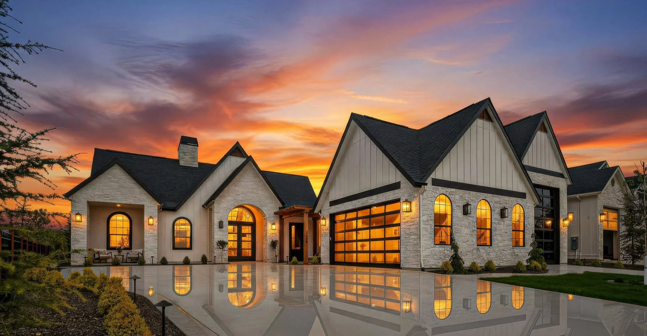 Front exterior of The Jane, a fully custom luxury home built by Bachman Custom Homes in Eagle, Idaho, featuring white stone, black trim, arched windows, and glass garage doors glowing at twilight beneath a dramatic sunset sky