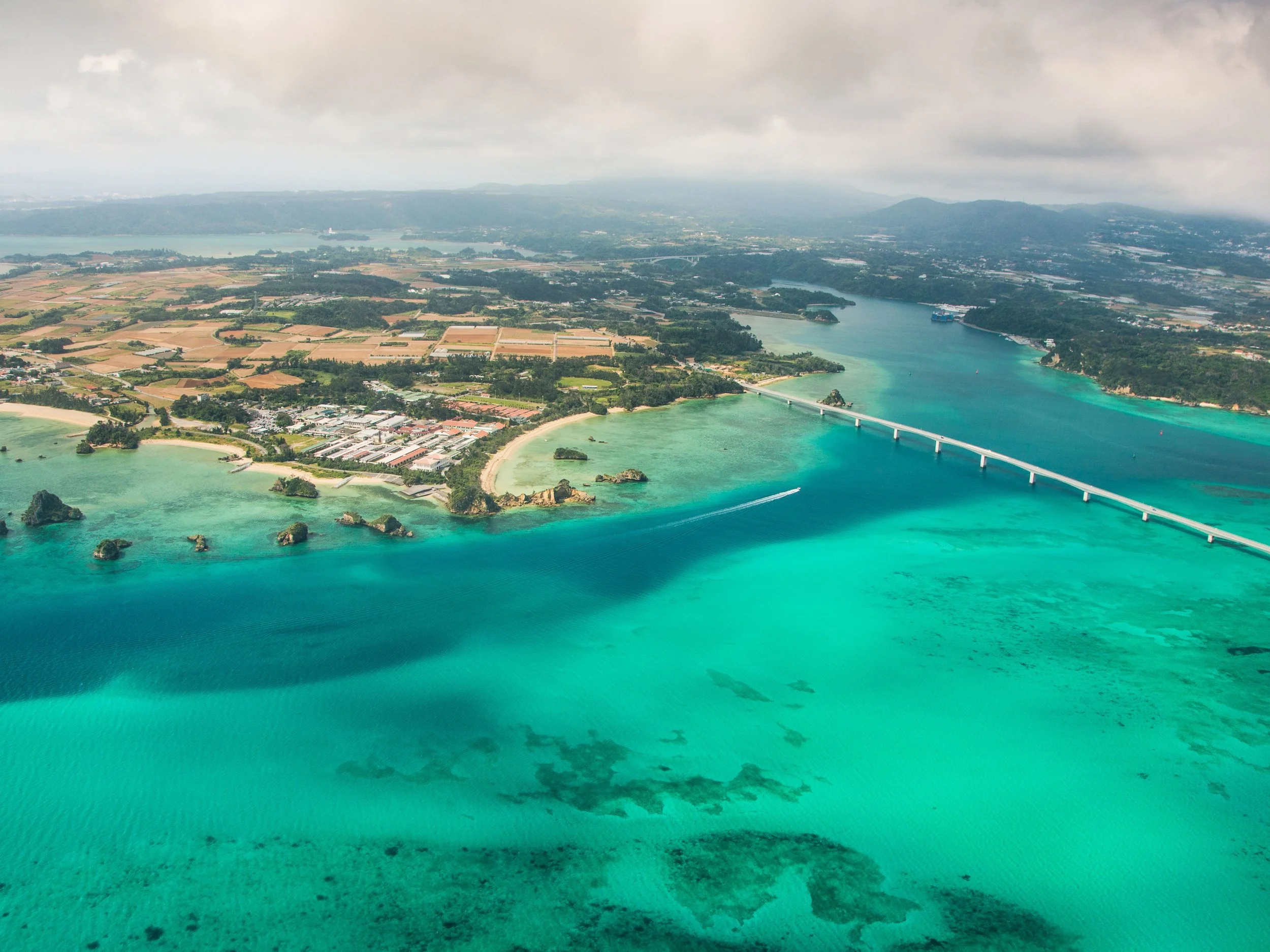Aerial view over popular tourist spot Kouri island, Okinawa