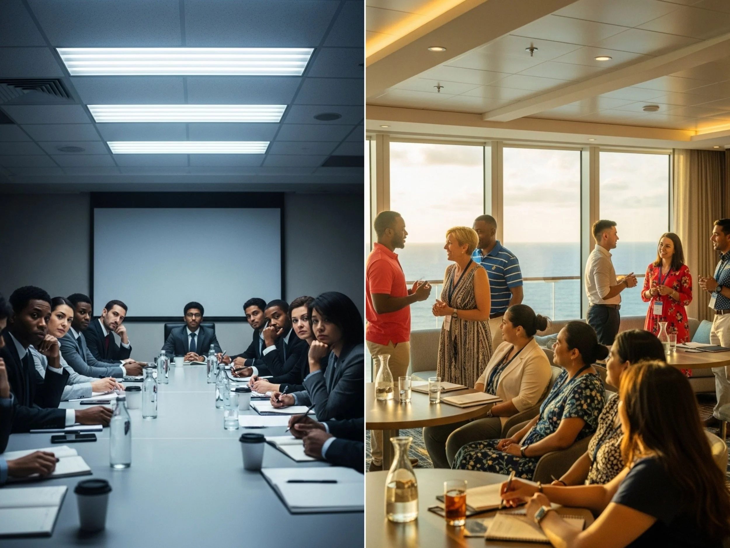 Comparison of traditional conference venue versus cruise ship meeting space for corporate events