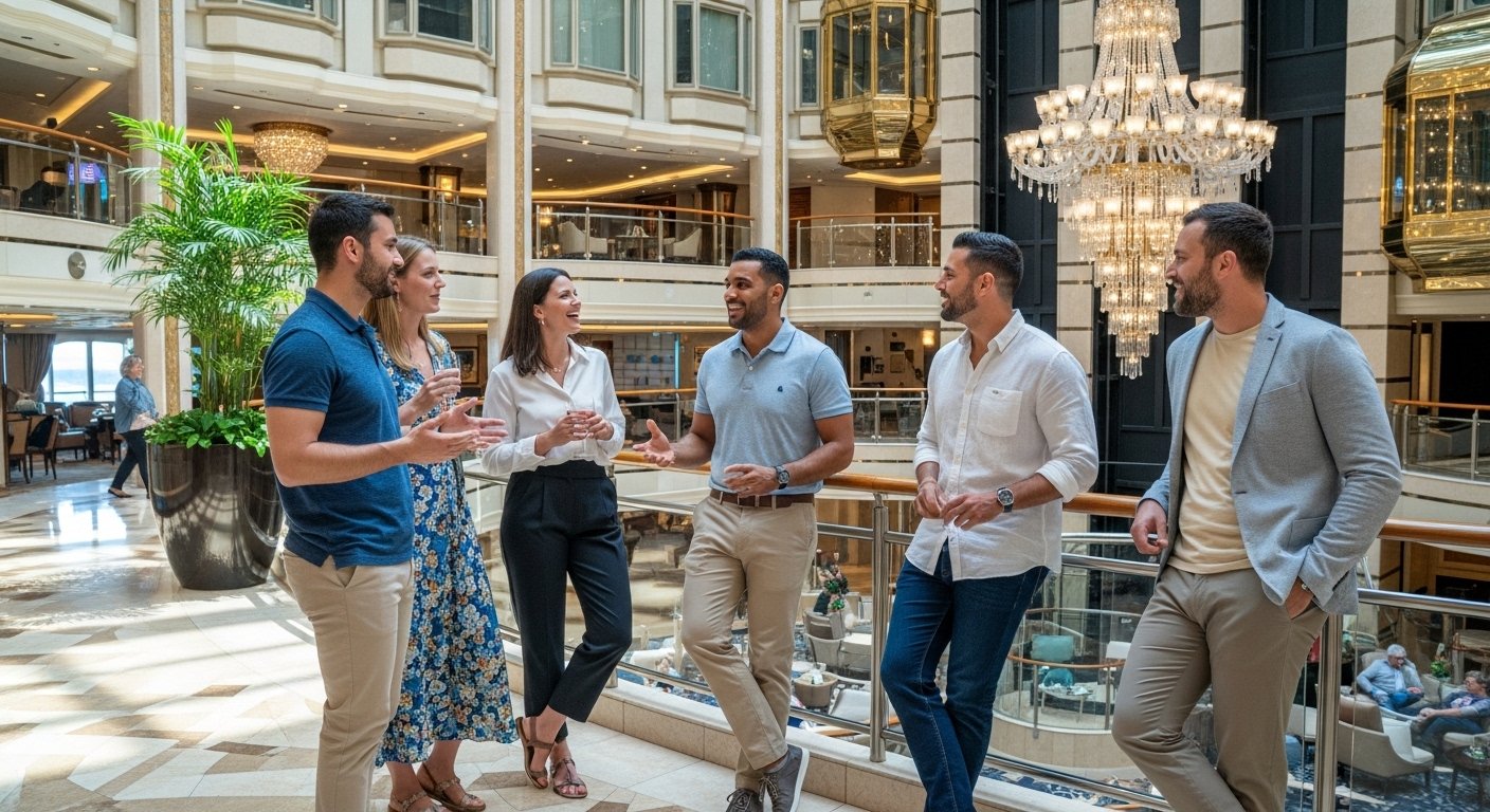 Small group of coaching clients in authentic lively conversation at in-person retreat