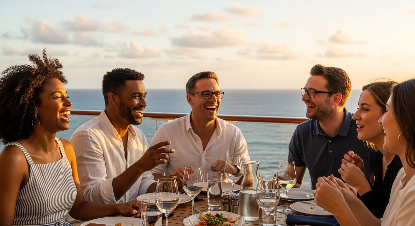 Small business team celebrating together on a group incentive cruise, laughing on the ship deck with ocean views