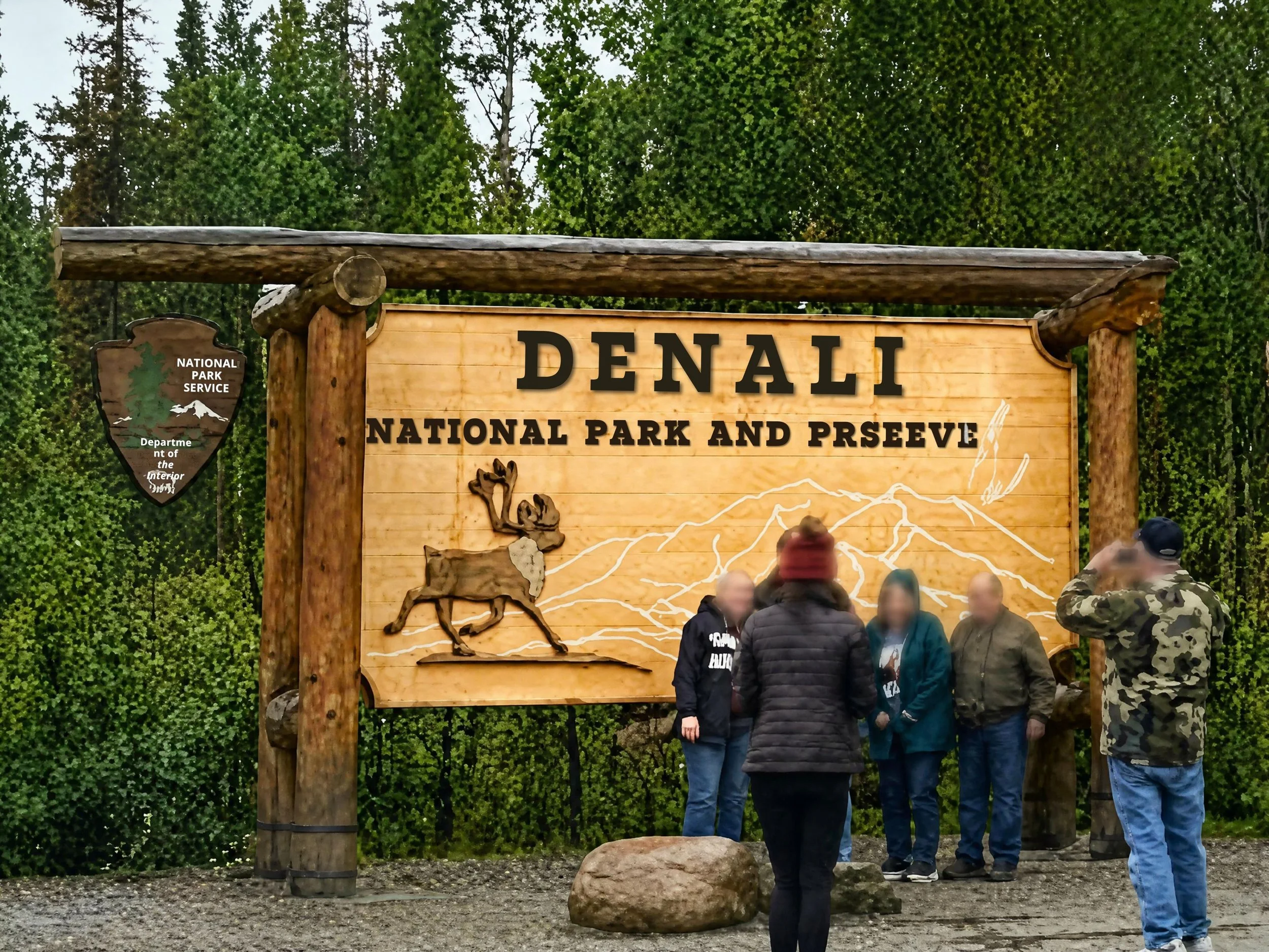 A group of people posing in front of the Denali National Park and Preserve Sign