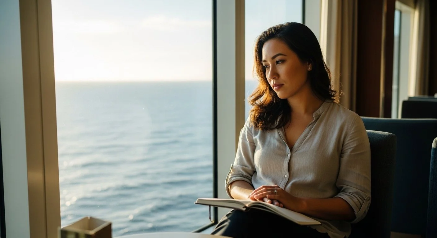 A coach sitting quietly with a journal near a window, thinking through the purpose of an upcoming client retreat — the kind of intentional planning that starts with the right question.