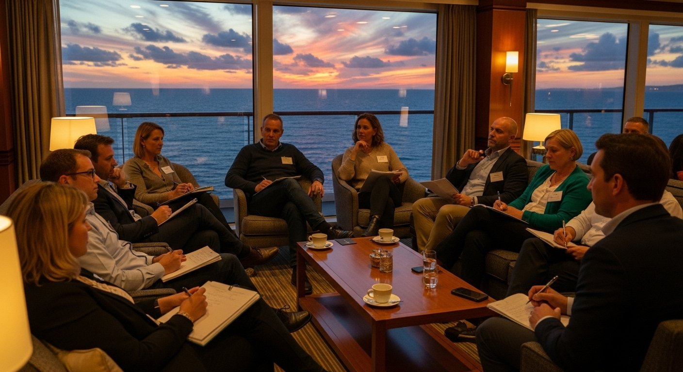 Intimate coaching session during cruise-based corporate retreat
