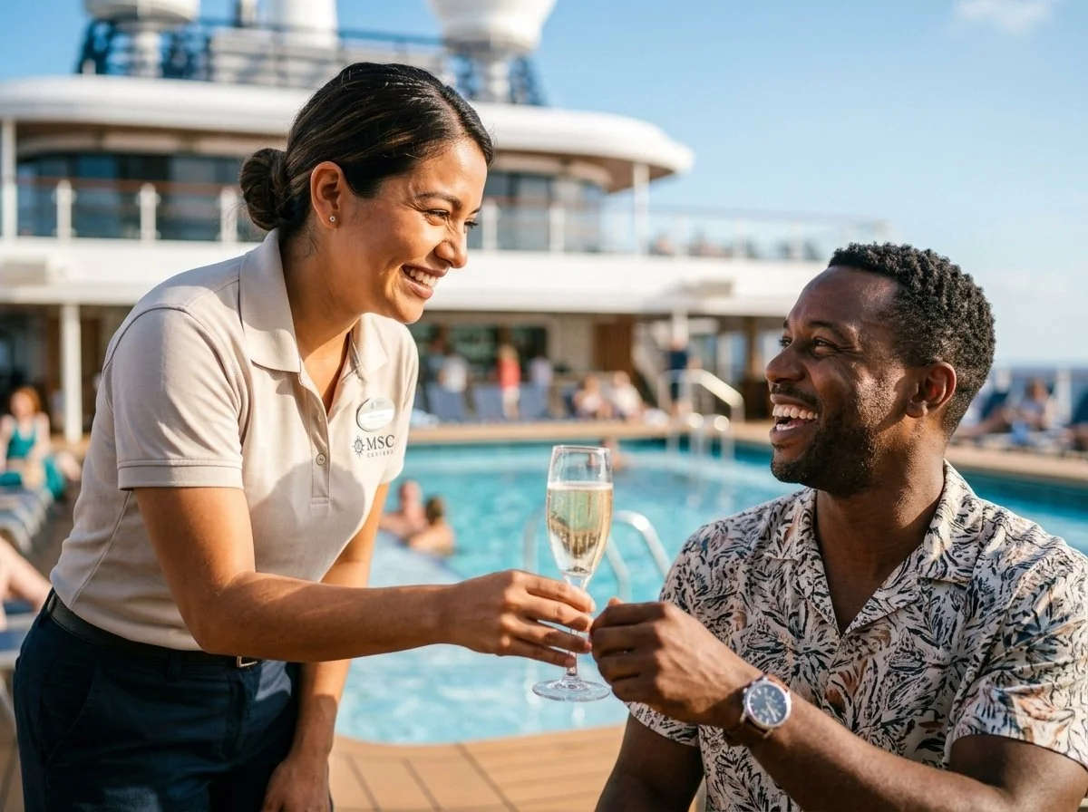 Cruise ship crew member providing attentive personalized service to guest on deck