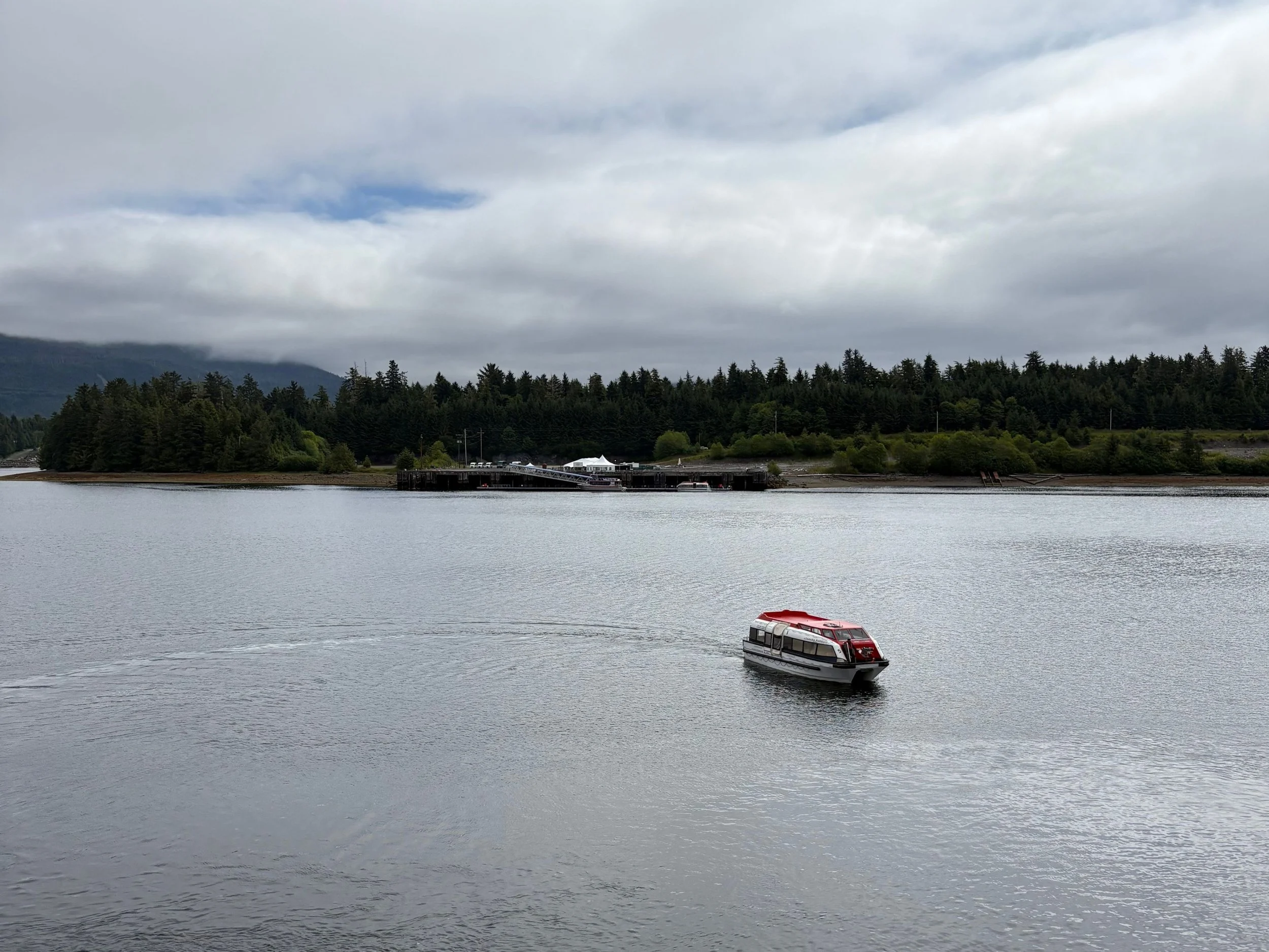 A tender boat crossing from the Azamara Pursuit to Klawock