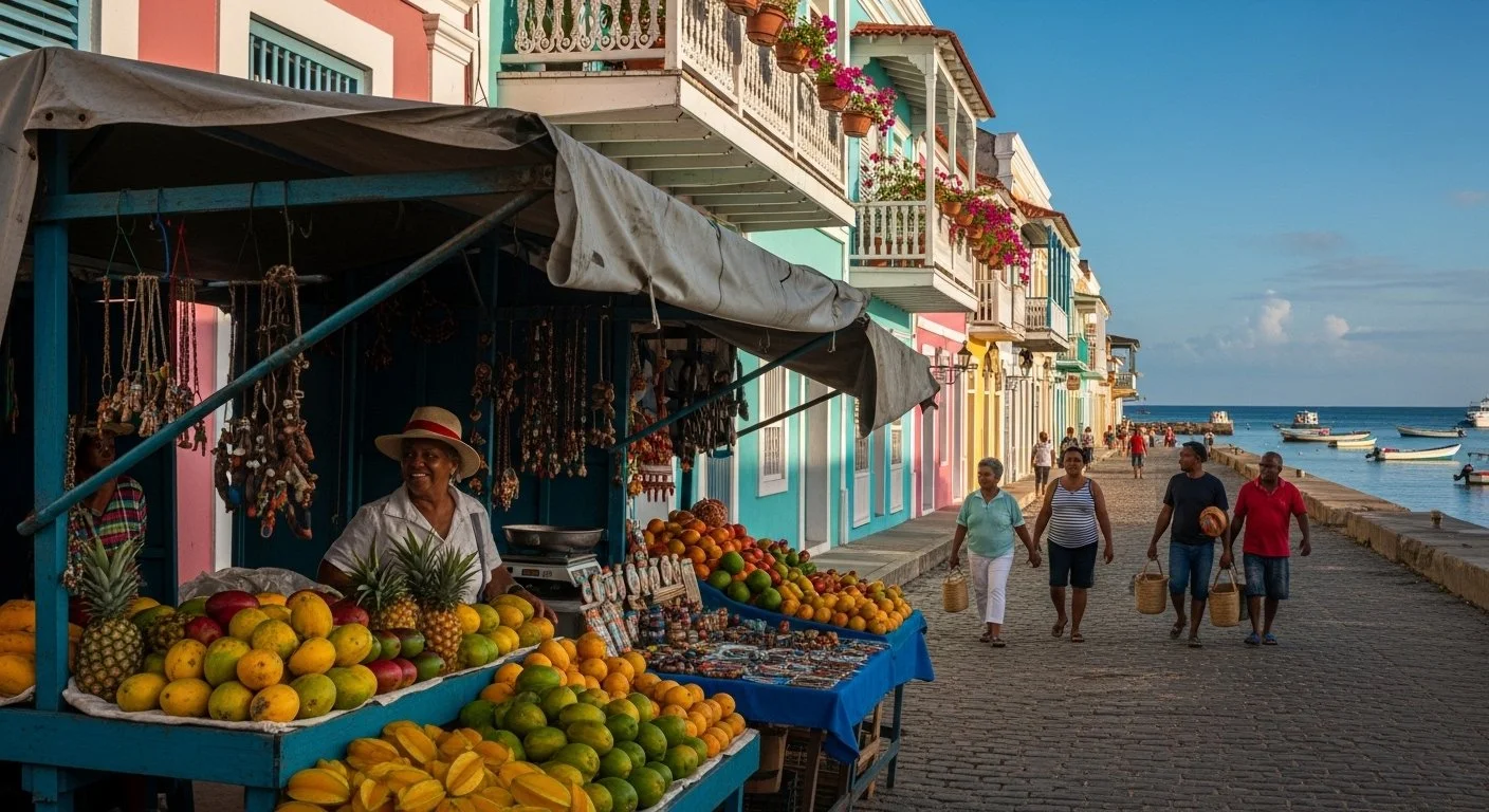 A quiet Caribbean port town in the shoulder season — the unhurried, warm version of the islands that May travelers get to experience.