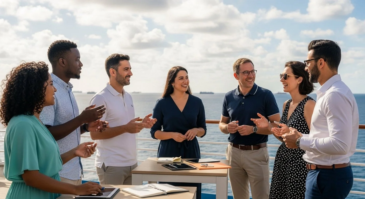 Millennial professionals collaborating during cruise retreat with ocean views