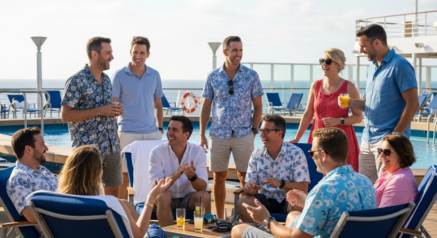 Professionals relaxing and connecting on a cruise ship deck — the kind of unstructured, organic connection that a resort conference setting rarely produces.