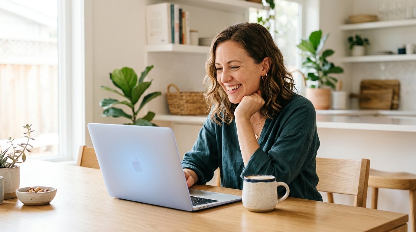 Person planning an Alaska cruise trip with coffee and laptop looking excited and relaxed