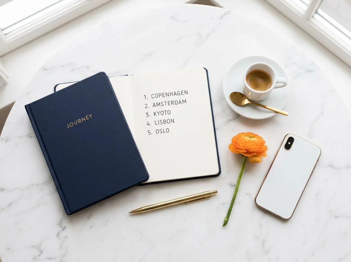 Travel itinerary planning with phone and notebook for luxury cruise