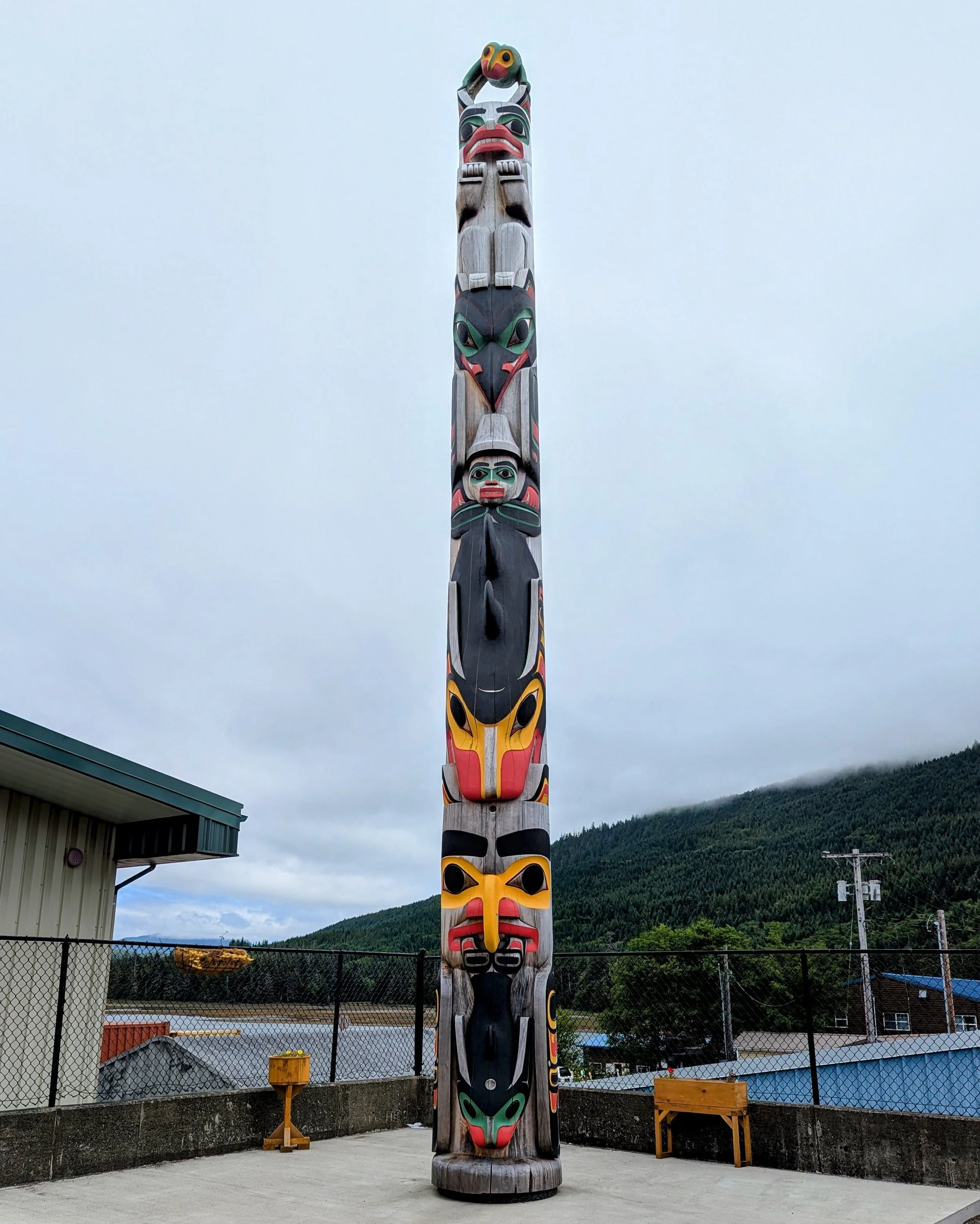 Colorful totem pole in front of Craig Tribal Center.