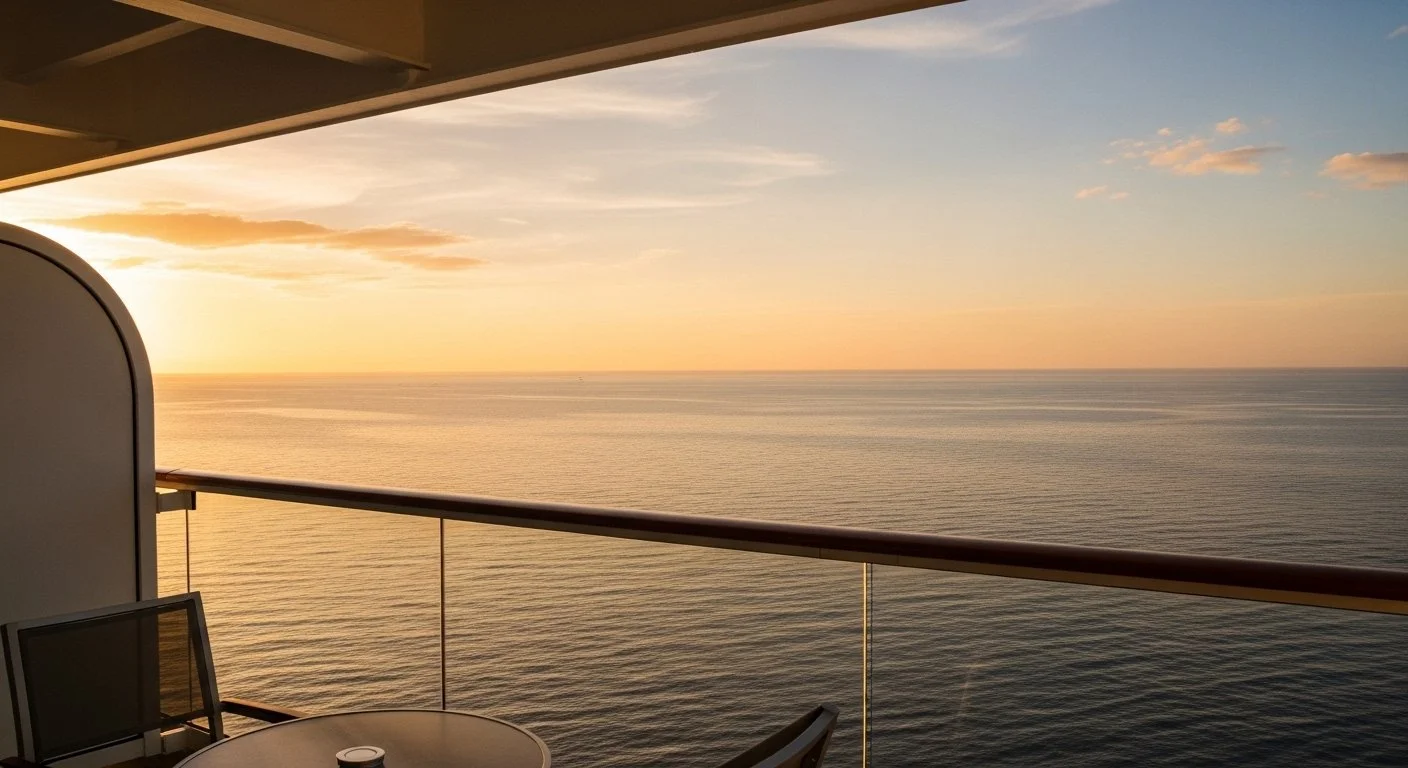 Expansive calm ocean view from cruise ship balcony at golden hour